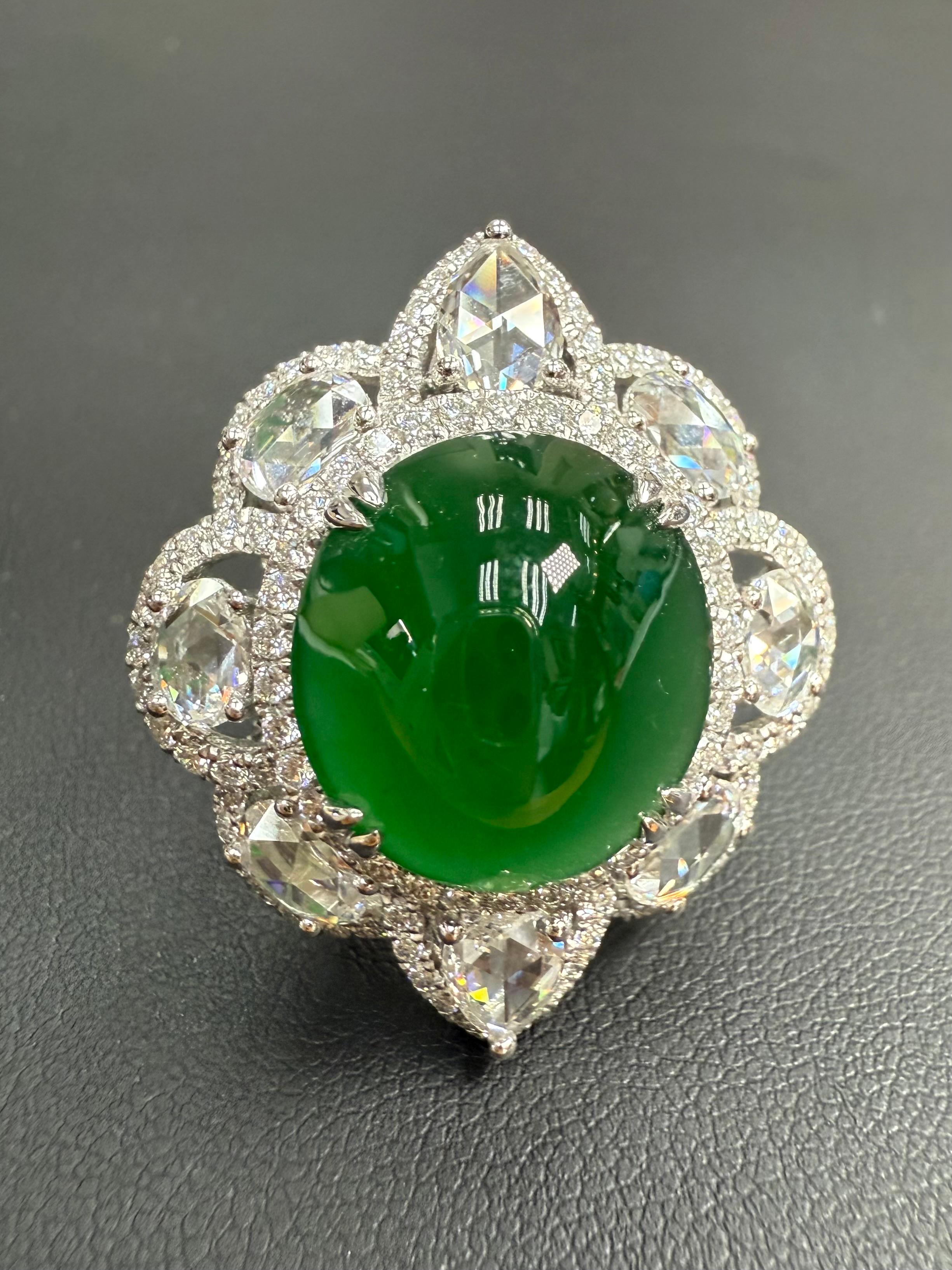 Important Certified Jade Rose Cut Diamond Ring. Imperial Green Substantial Size! For Sale 5