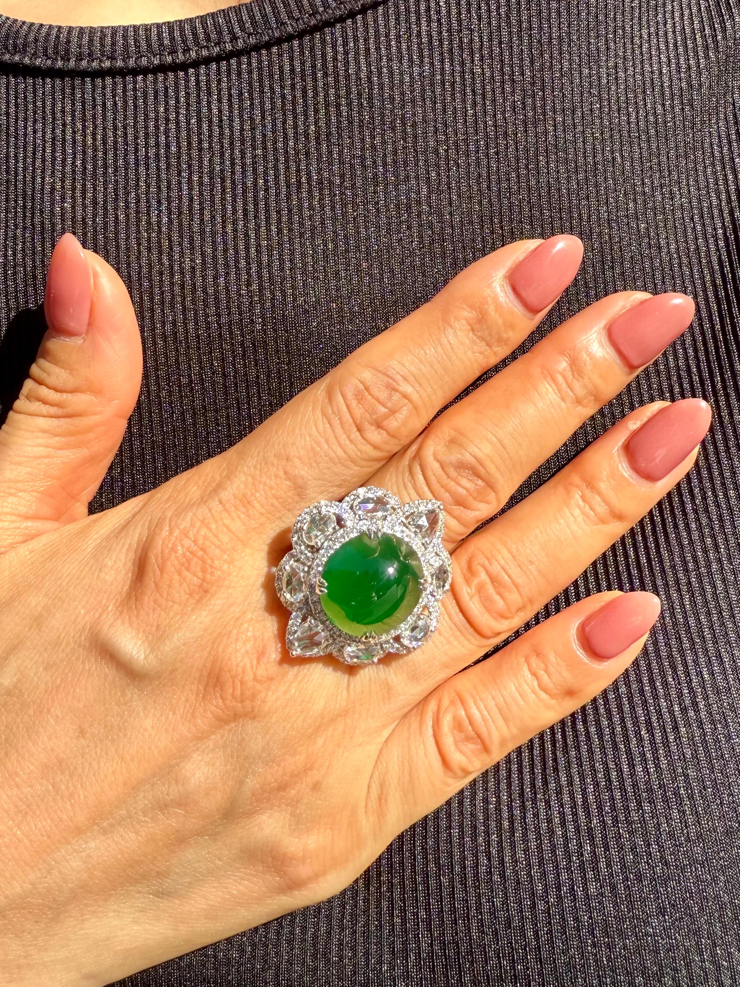 Important Certified Jade Rose Cut Diamond Ring. Imperial Green Substantial Size! For Sale 6