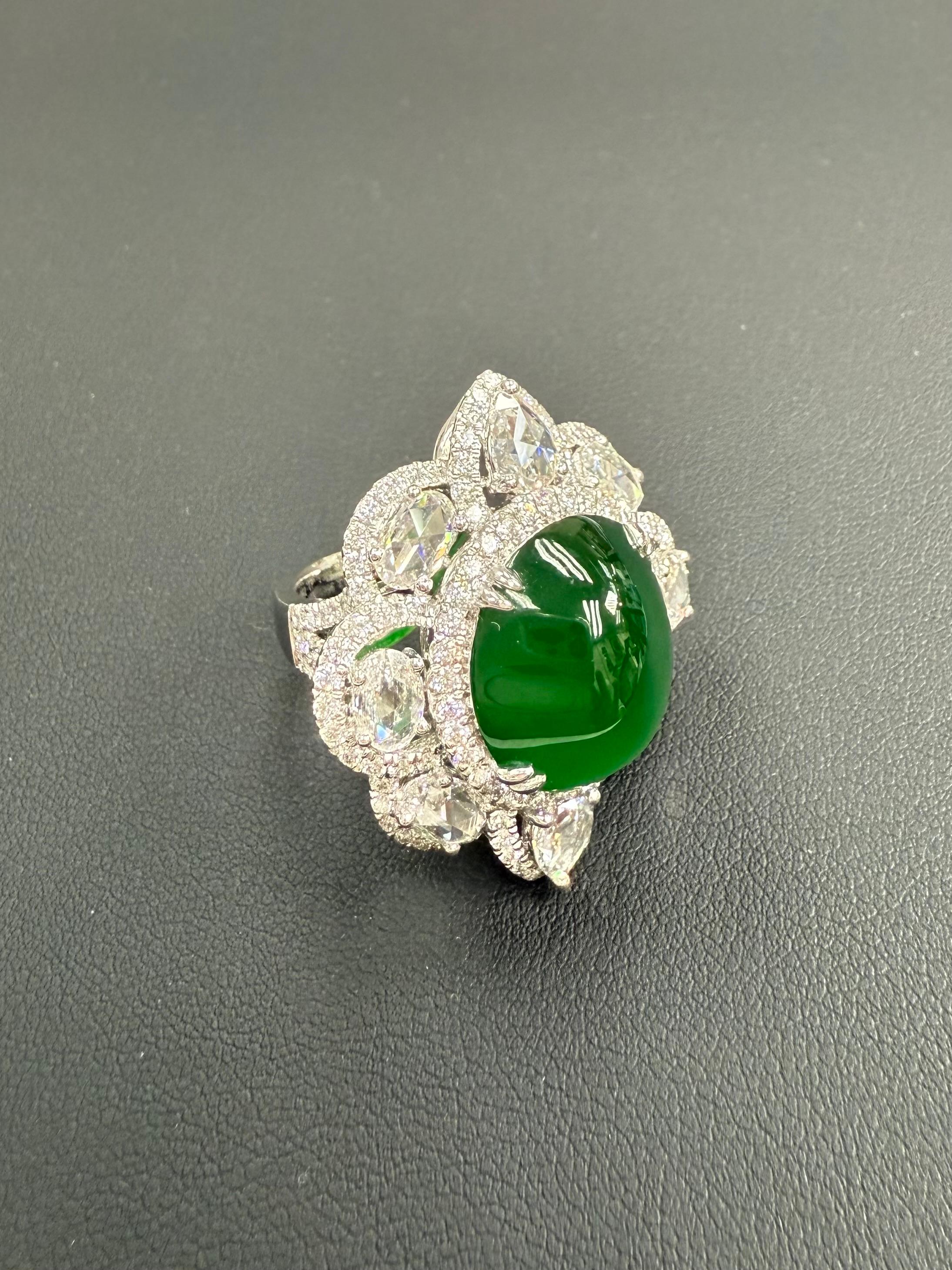 Important Certified Jade Rose Cut Diamond Ring. Imperial Green Substantial Size! For Sale 7