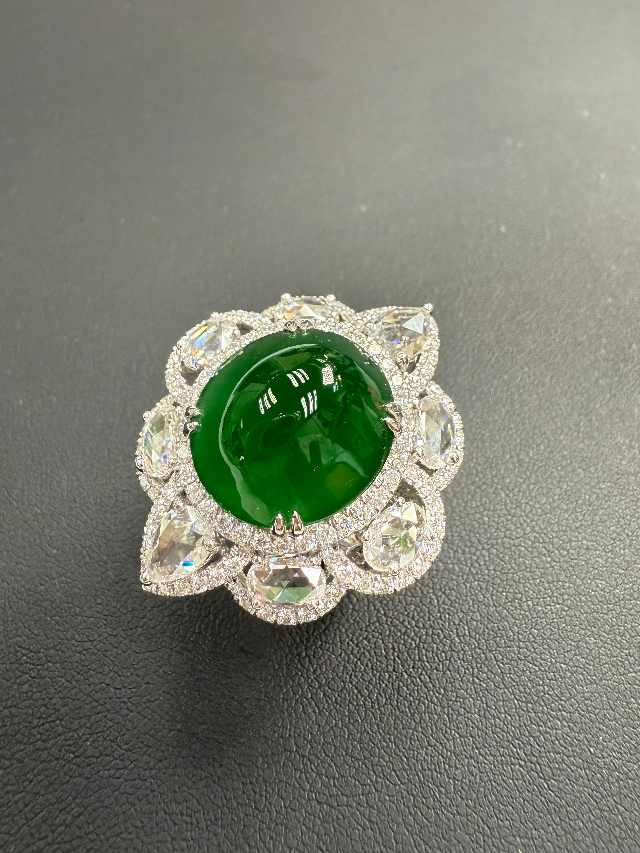Important Certified Jade Rose Cut Diamond Ring. Imperial Green Substantial Size! For Sale 9