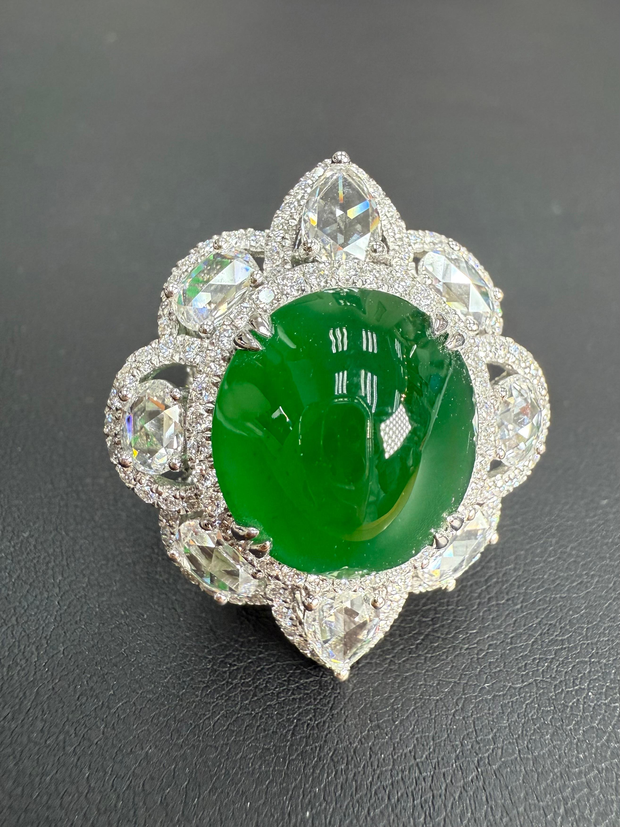 Important Certified Jade Rose Cut Diamond Ring. Imperial Green Substantial Size! For Sale 10