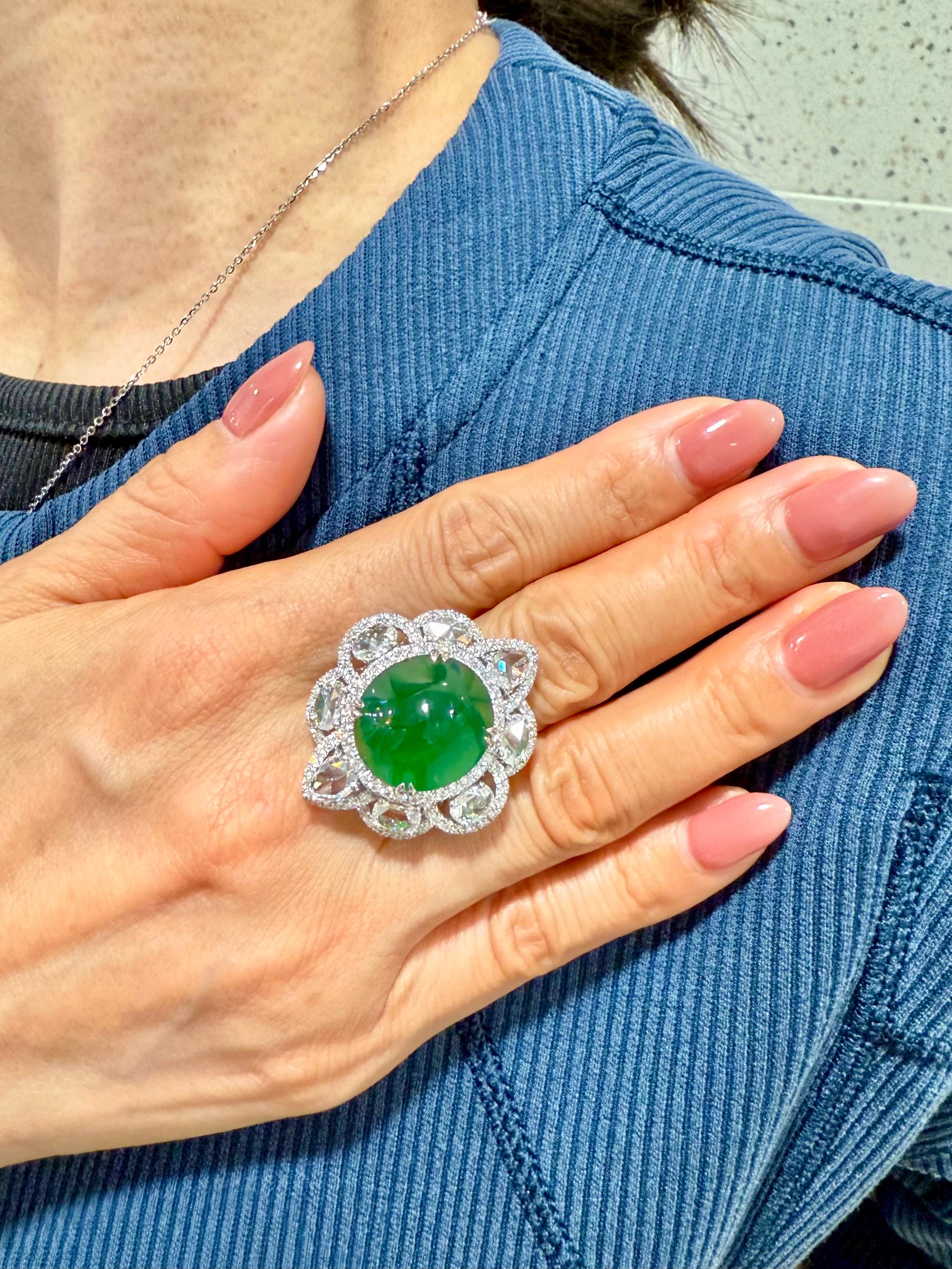 Important Certified Jade Rose Cut Diamond Ring. Imperial Green Substantial Size! For Sale 11