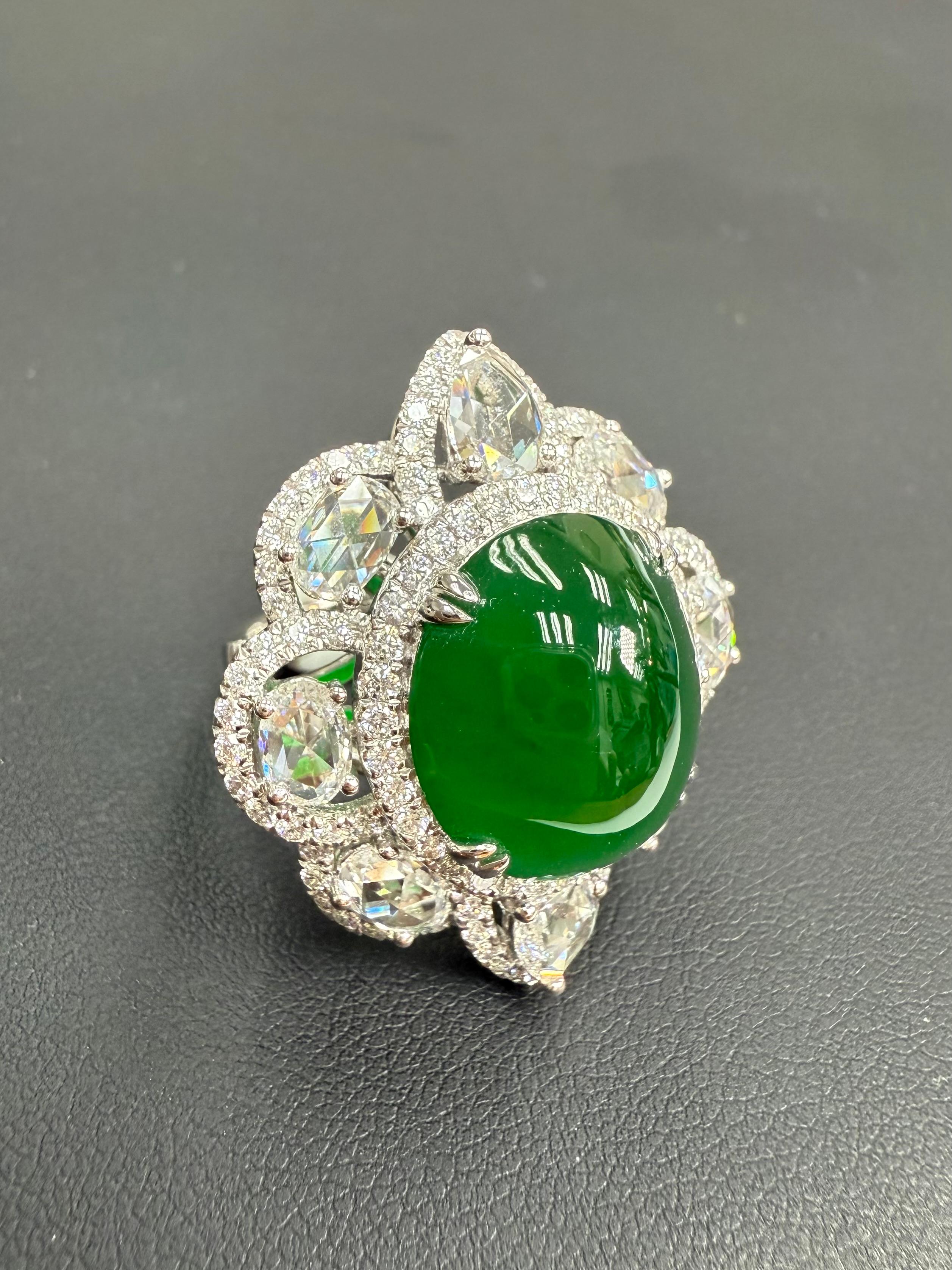 Important Certified Jade Rose Cut Diamond Ring. Imperial Green Substantial Size! For Sale 13
