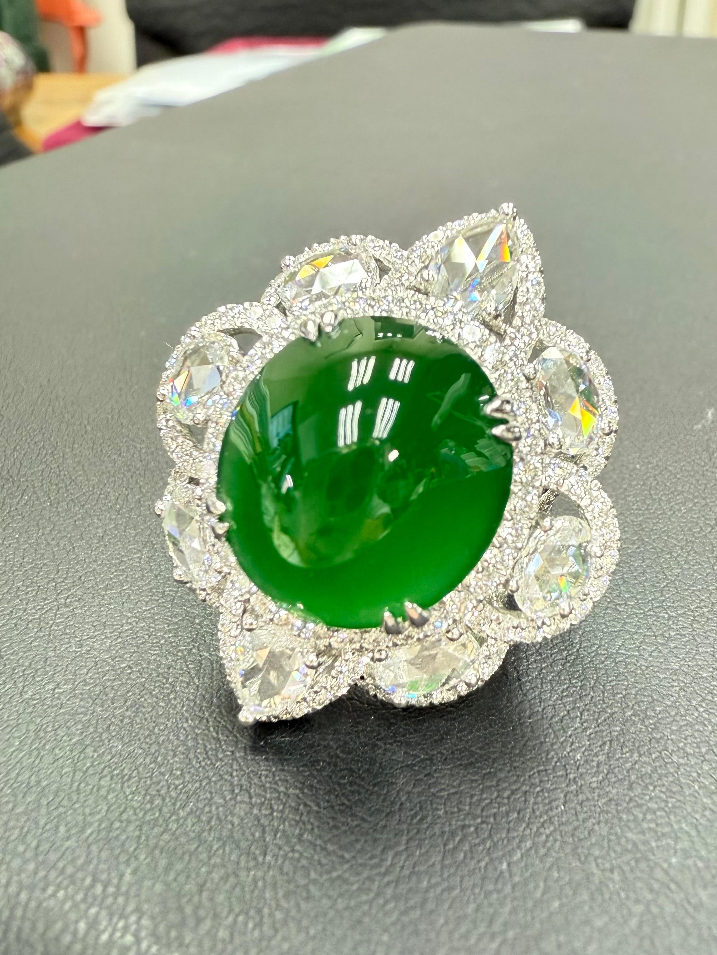 Important Certified Jade Rose Cut Diamond Ring. Imperial Green Substantial Size! For Sale 14
