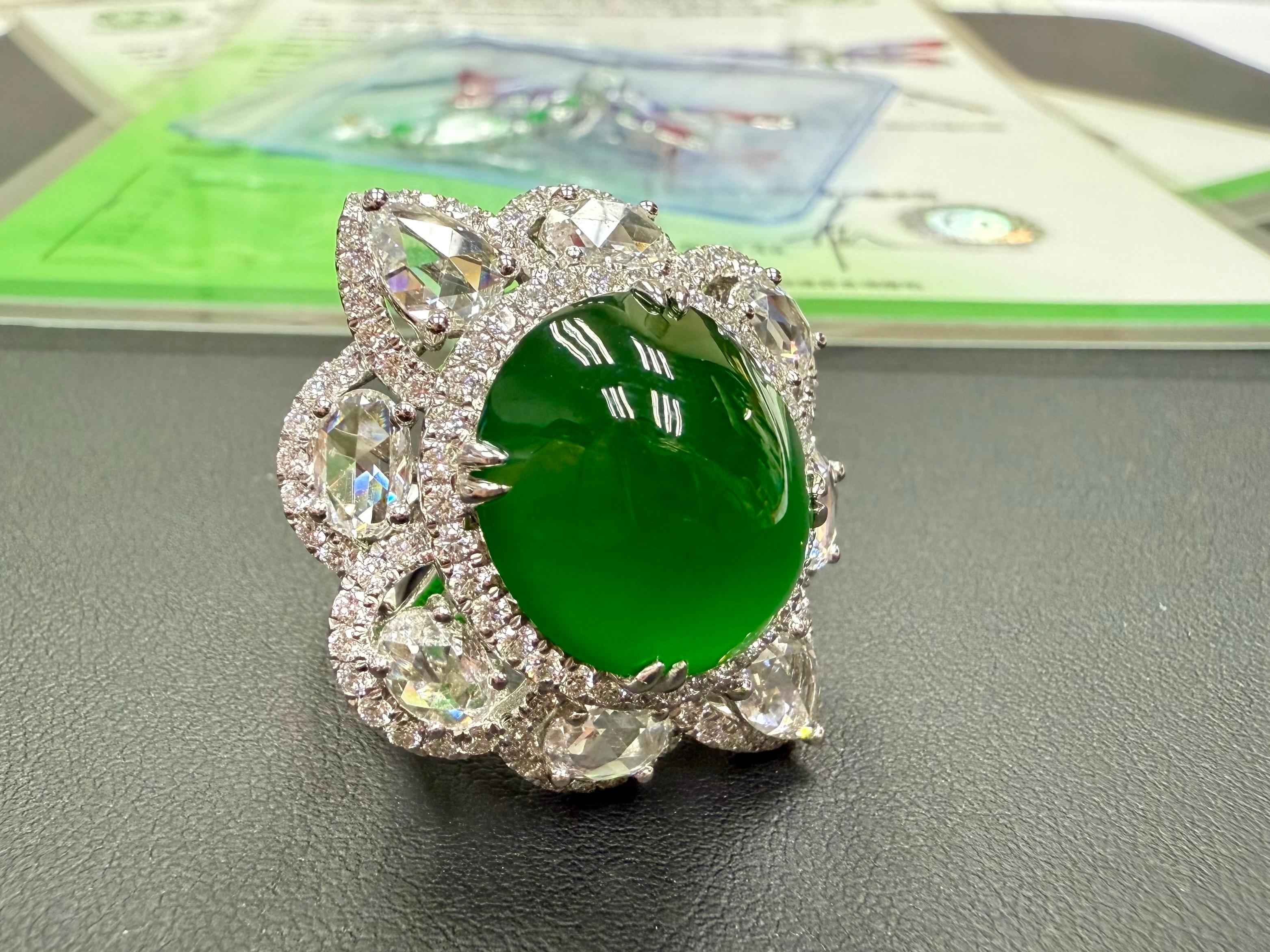 Cabochon Important Certified Jade Rose Cut Diamond Ring. Imperial Green Substantial Size! For Sale