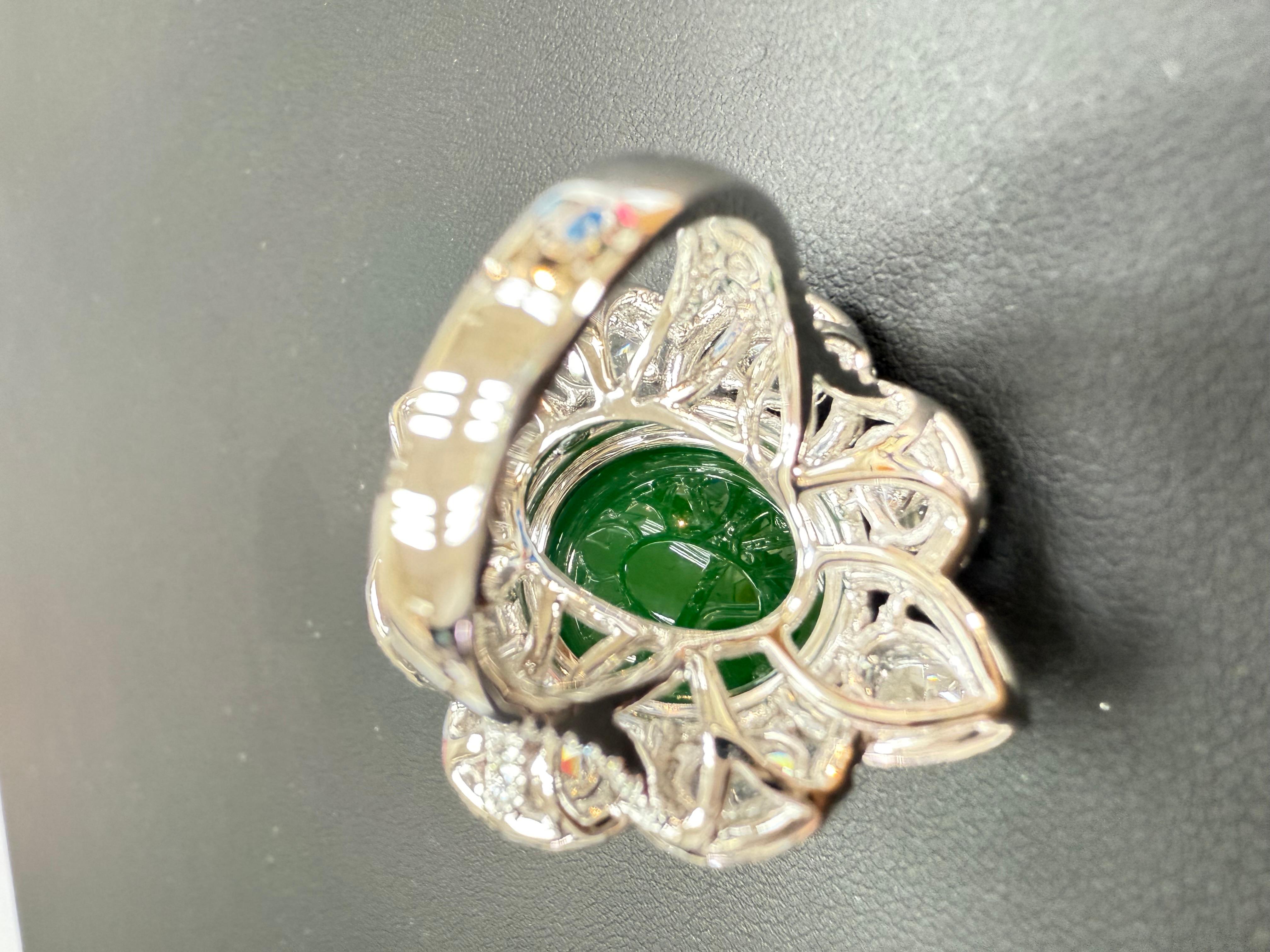 Women's Important Certified Jade Rose Cut Diamond Ring. Imperial Green Substantial Size! For Sale