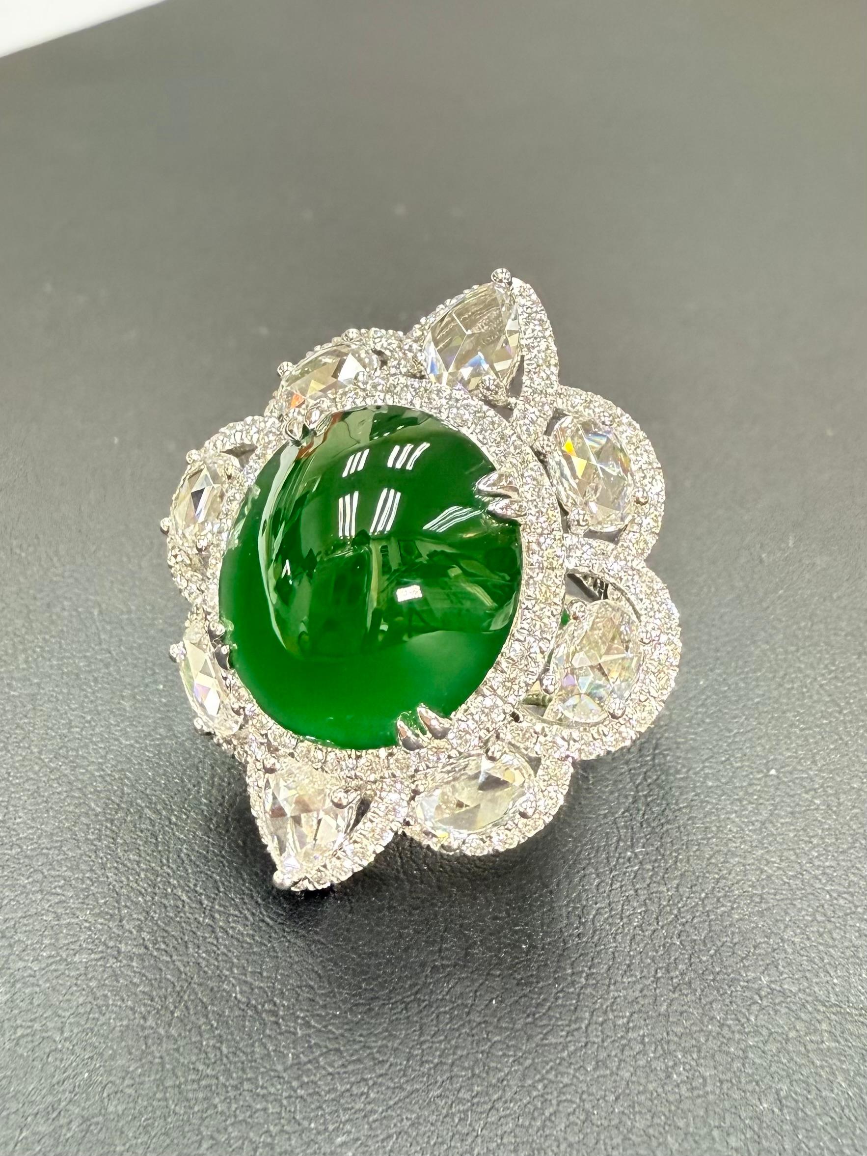Important Certified Jade Rose Cut Diamond Ring. Imperial Green Substantial Size! For Sale 1