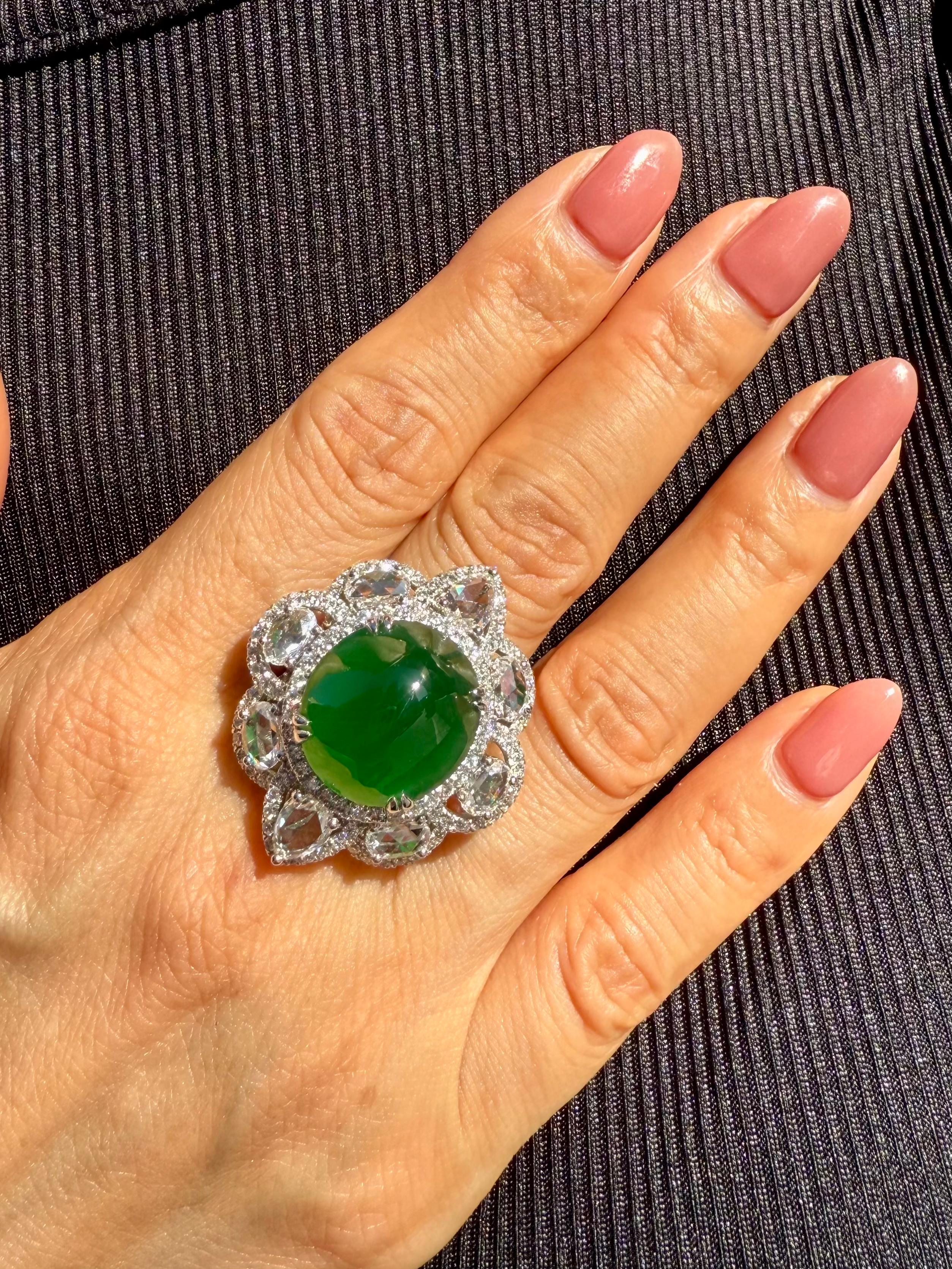 Important Certified Jade Rose Cut Diamond Ring. Imperial Green Substantial Size! For Sale 2