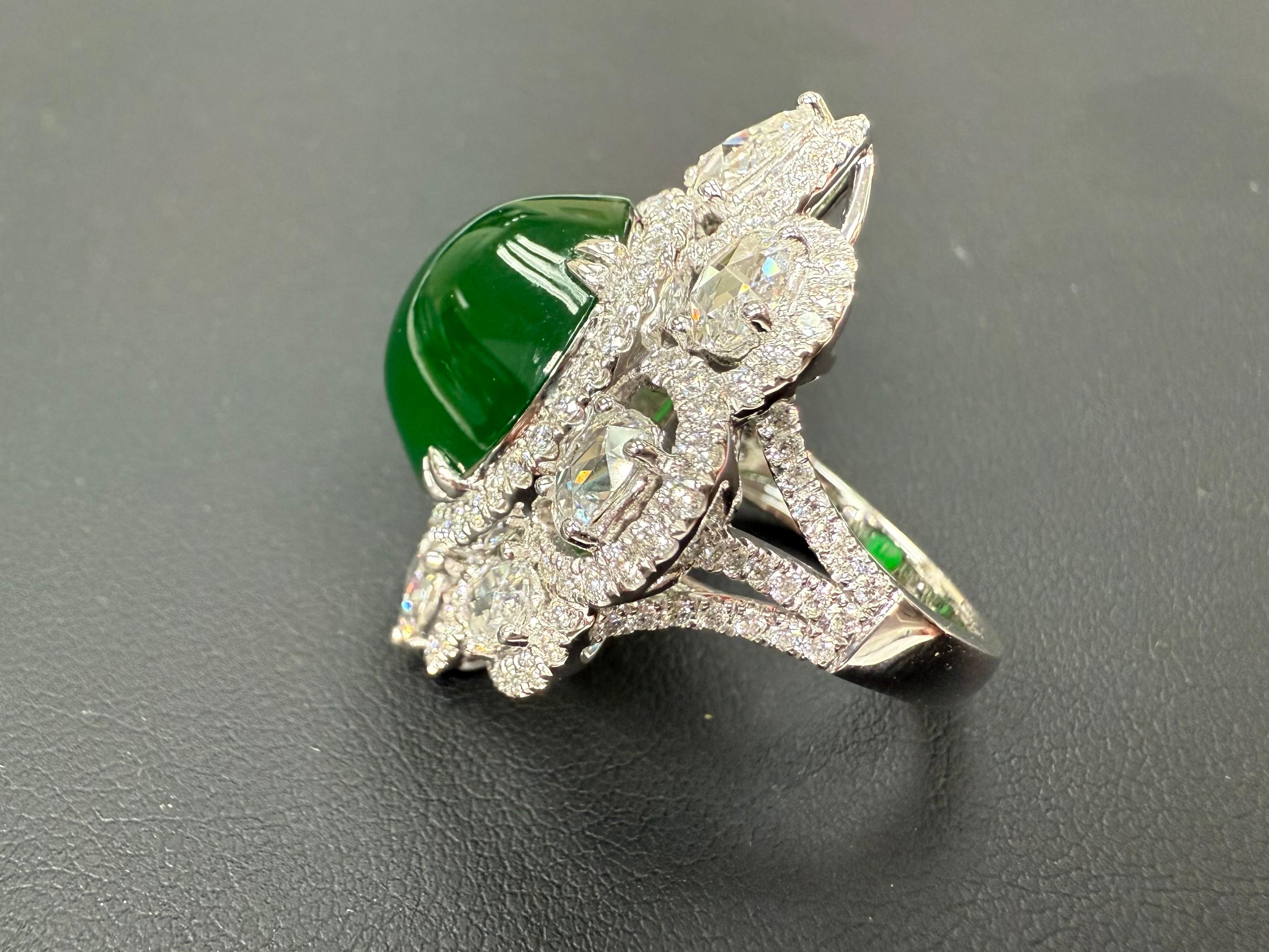 Important Certified Jade Rose Cut Diamond Ring. Imperial Green Substantial Size! For Sale 3