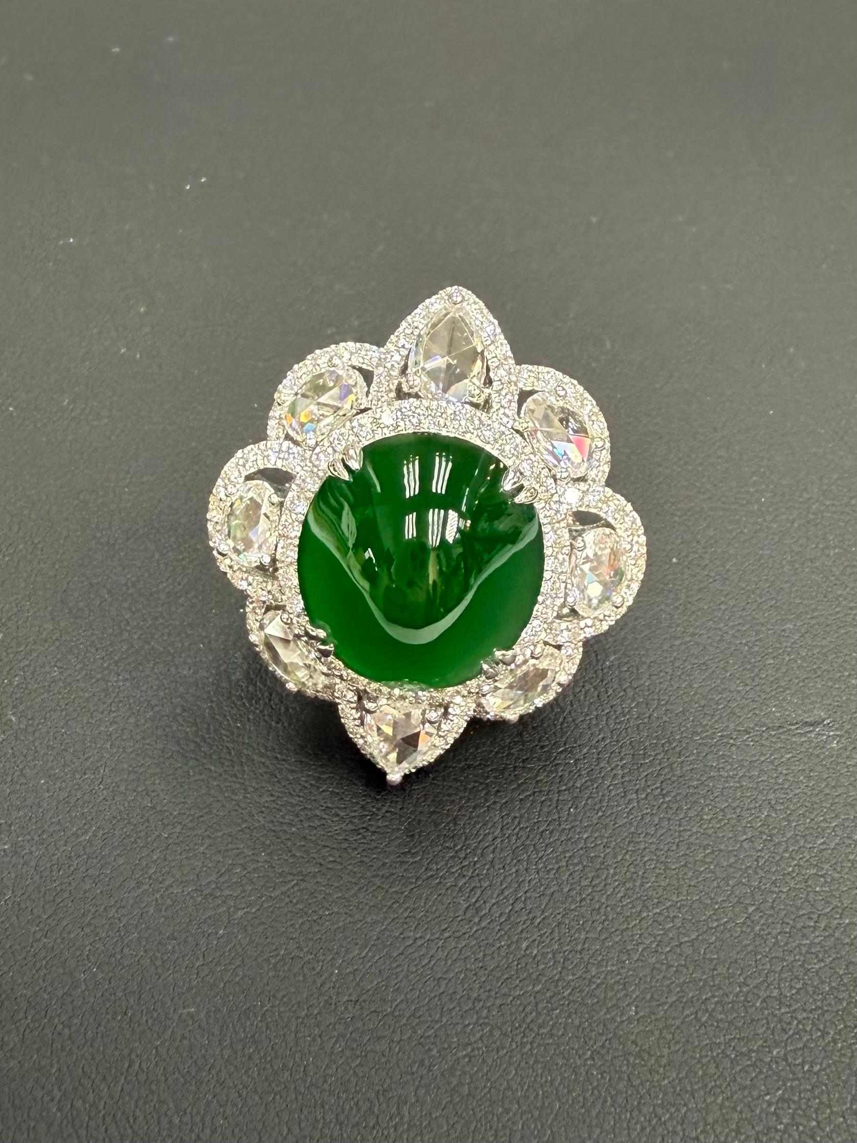 Important Certified Jade Rose Cut Diamond Ring. Imperial Green Substantial Size! For Sale 4