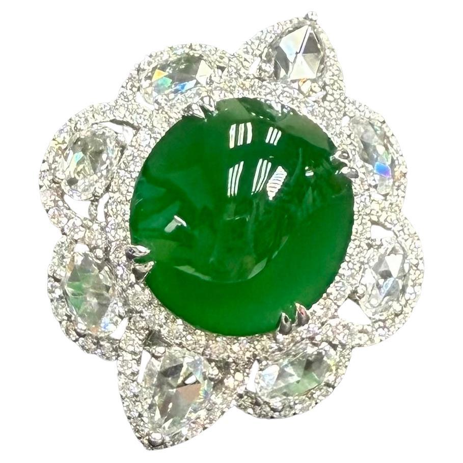Important Certified Jade Rose Cut Diamond Ring. Imperial Green Substantial Size! For Sale