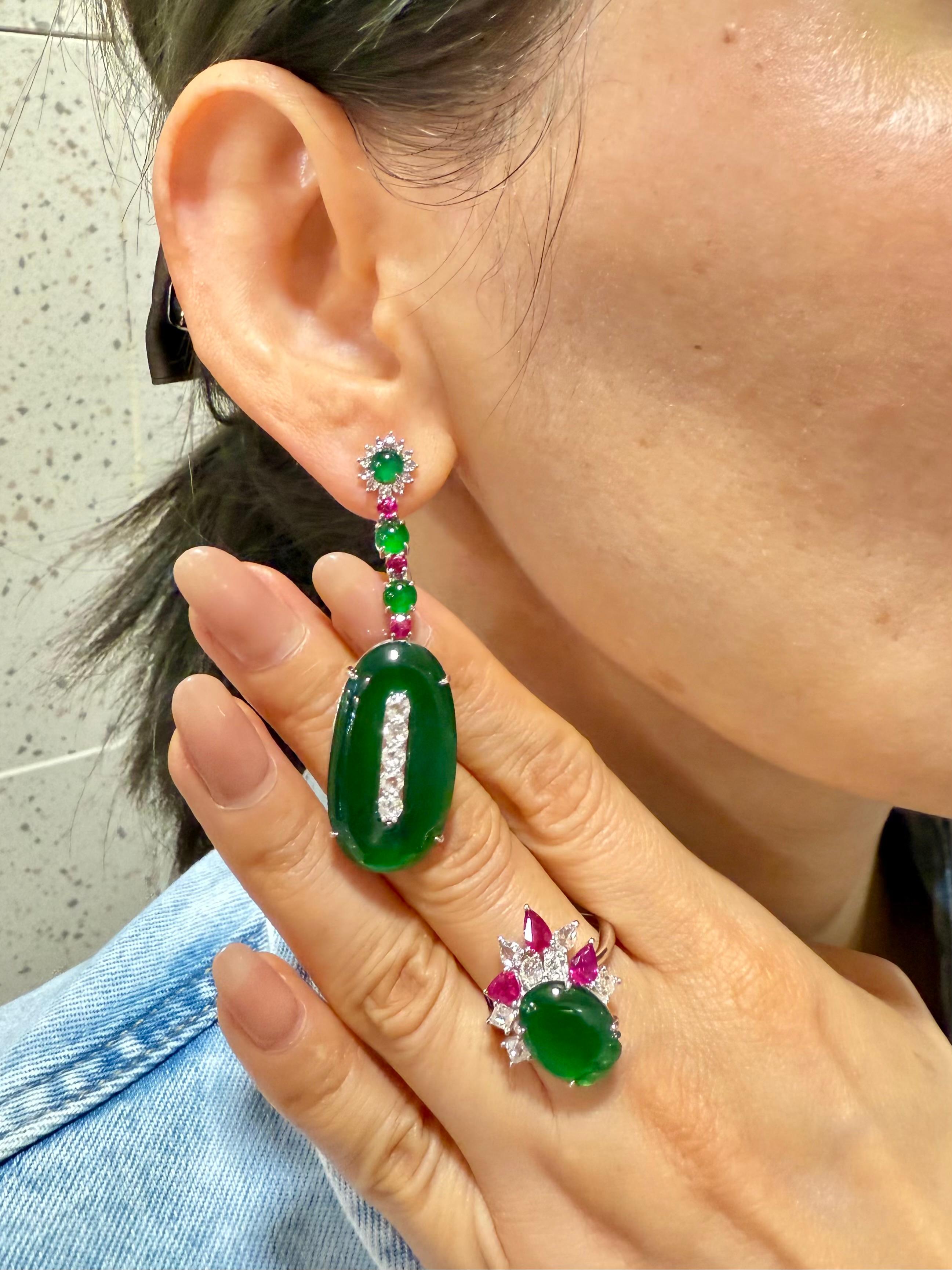 Important Certified Jade, Ruby & Diamond Earrings, Best Imperial Green. XXL For Sale 5