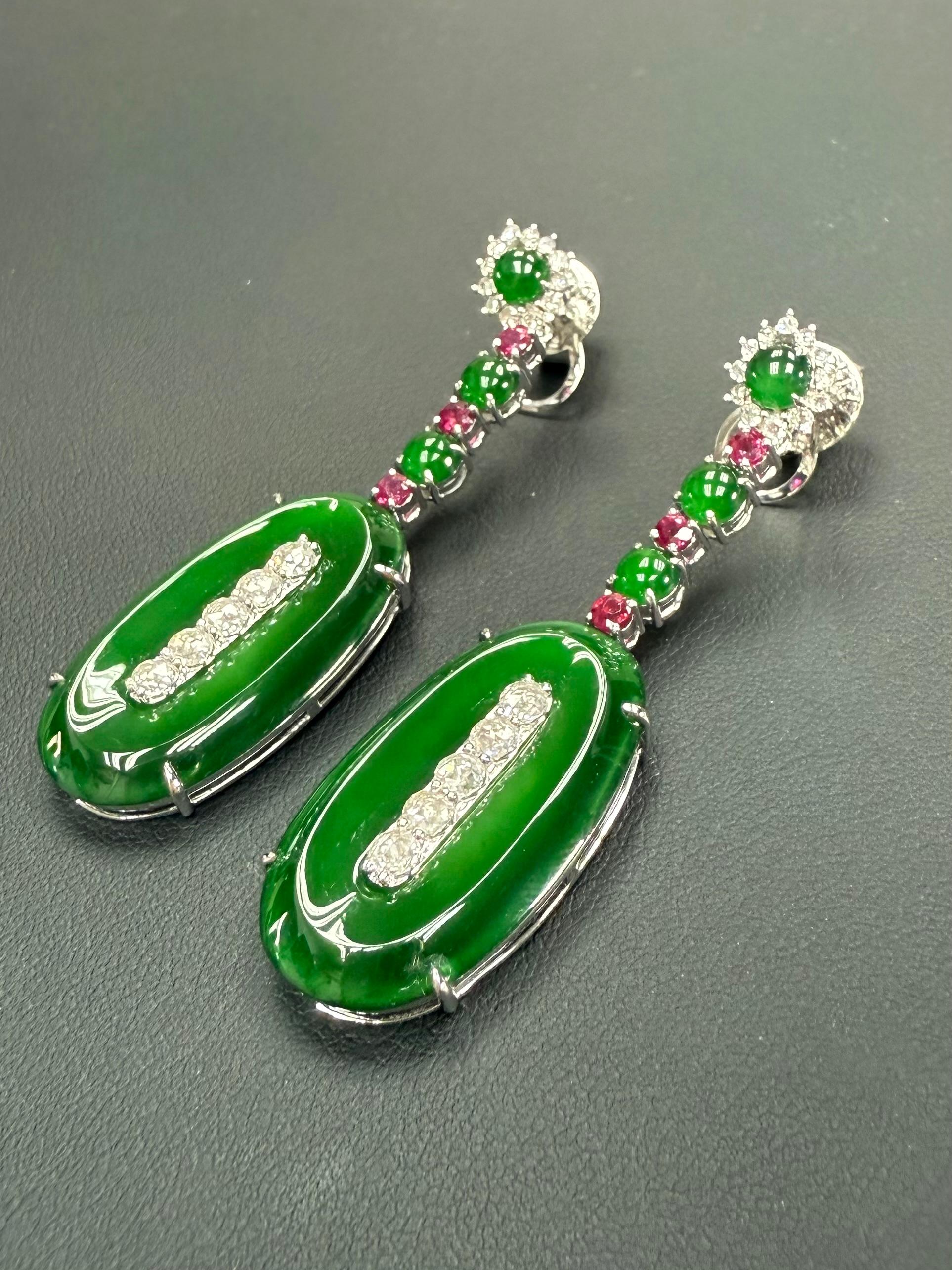 Important Certified Jade, Ruby & Diamond Earrings, Best Imperial Green. XXL For Sale 6