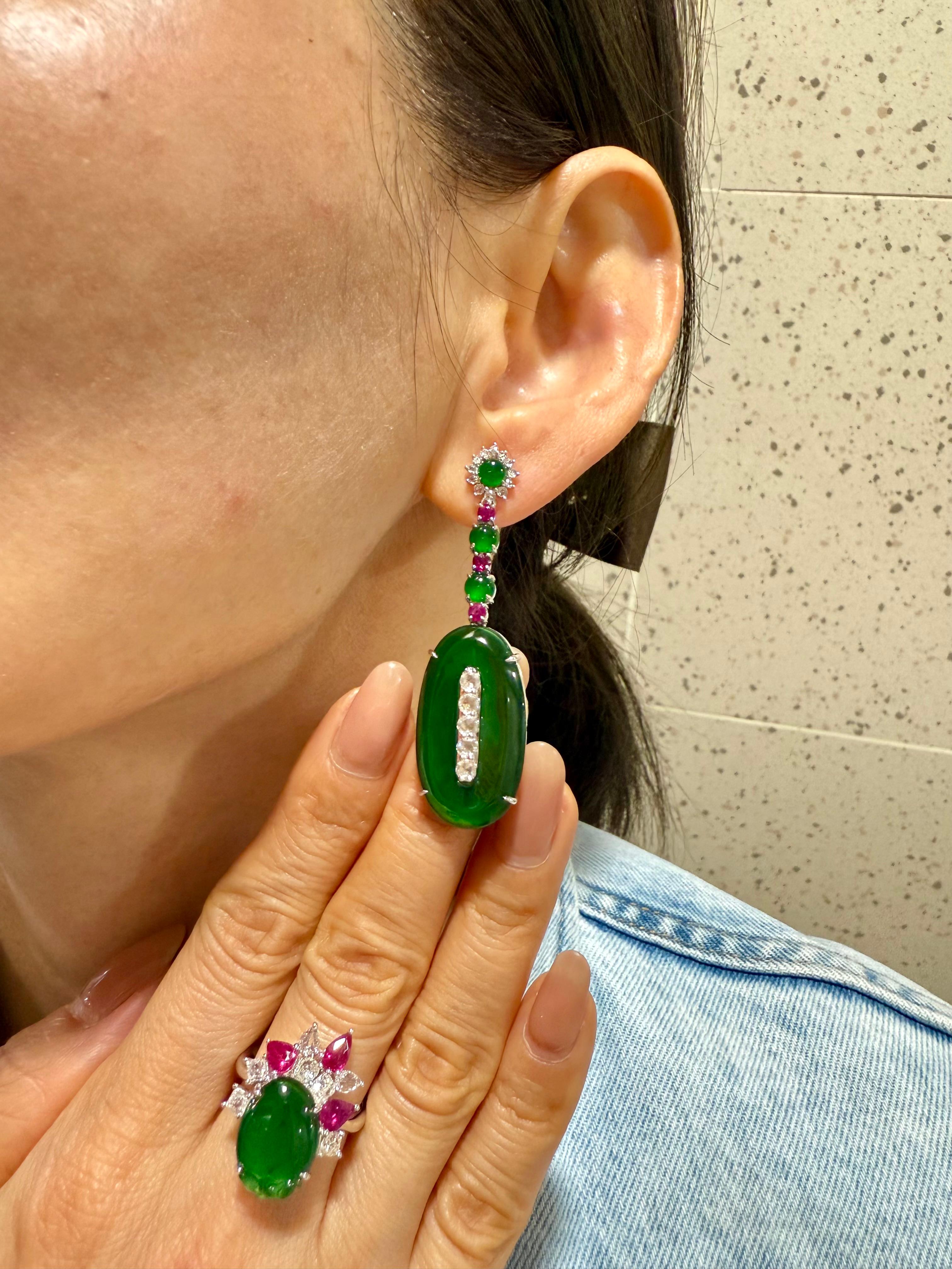 Important Certified Jade, Ruby & Diamond Earrings, Best Imperial Green. XXL For Sale 8