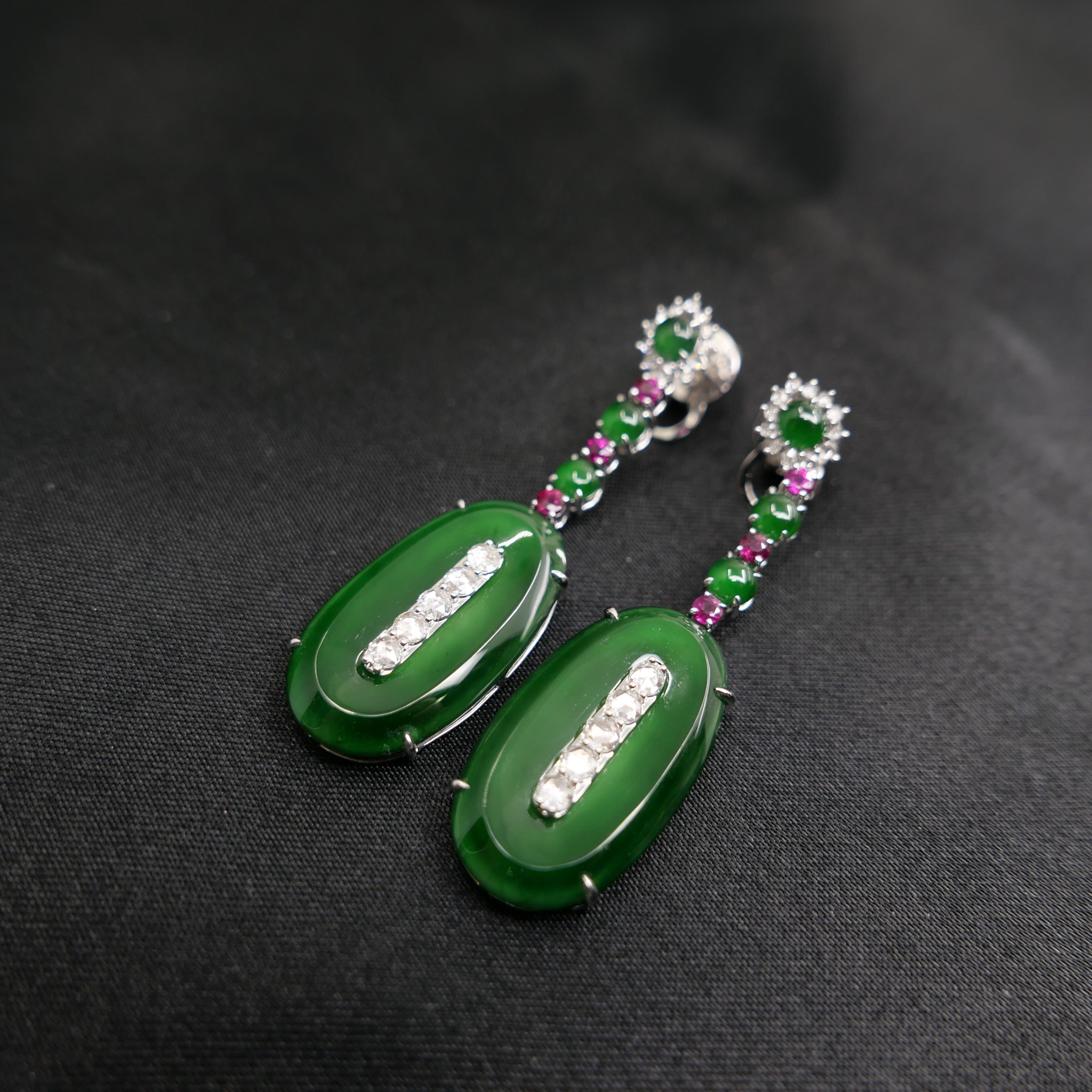 Important Certified Jade, Ruby & Diamond Earrings, Best Imperial Green. XXL For Sale 10