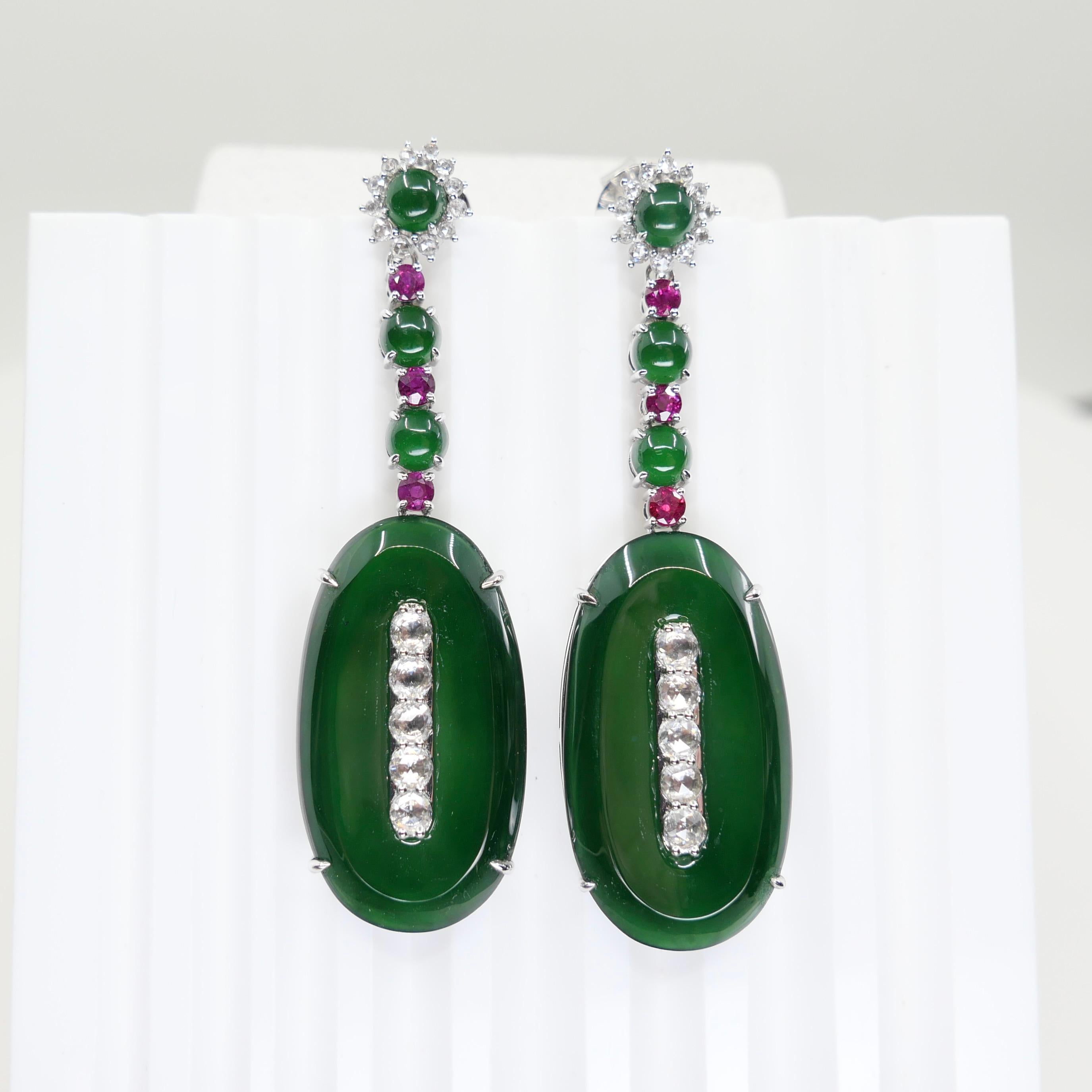 Important Certified Jade, Ruby & Diamond Earrings, Best Imperial Green. XXL For Sale 12