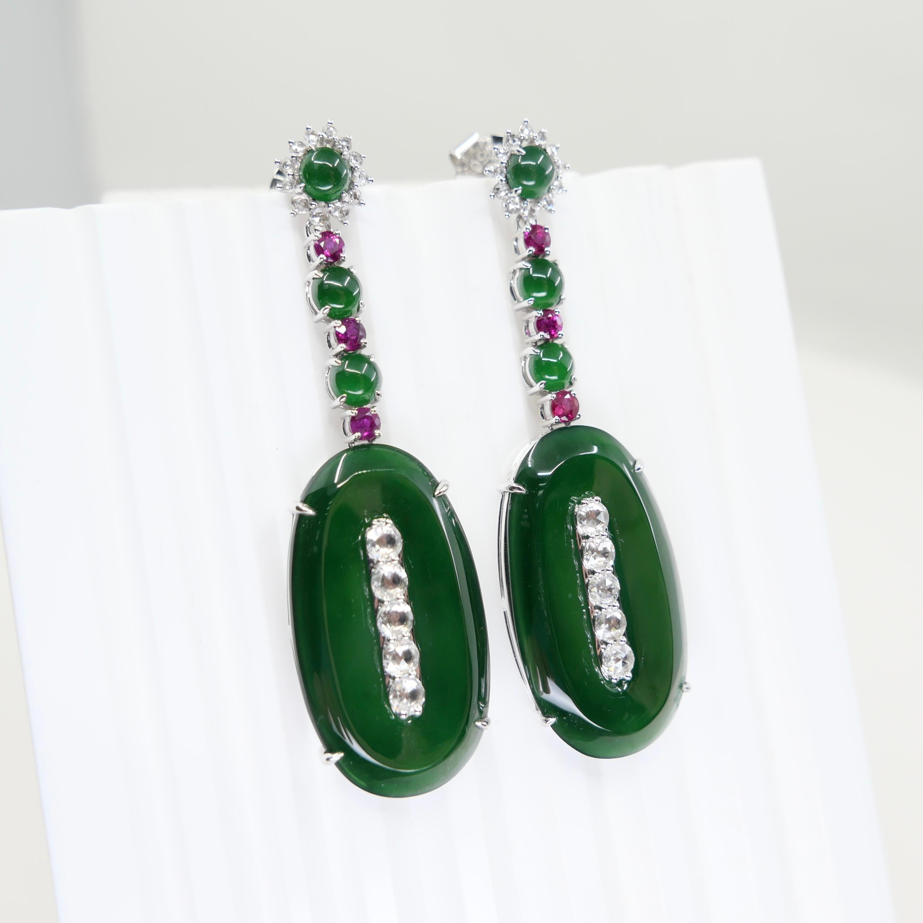Important Certified Jade, Ruby & Diamond Earrings, Best Imperial Green. XXL For Sale 9
