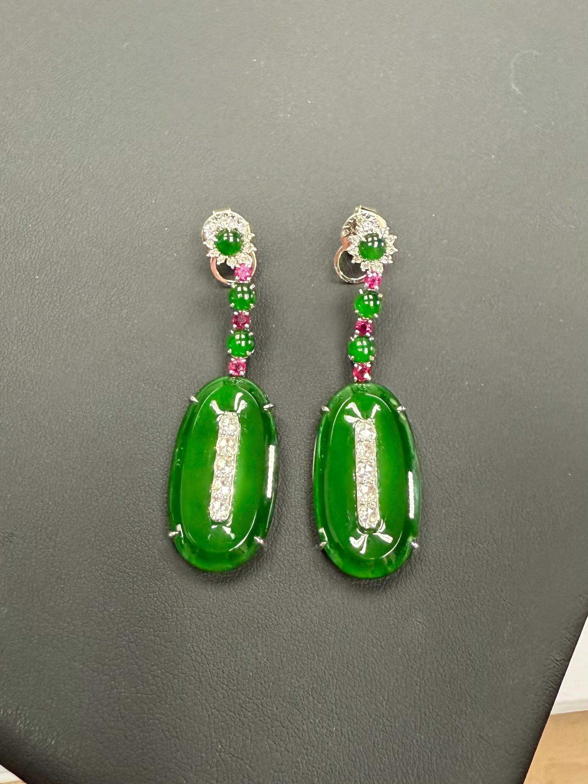 Important Certified Jade, Ruby & Diamond Earrings, Best Imperial Green. XXL For Sale 14