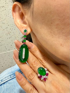 Important Certified Jade, Ruby & Diamond Earrings, Best Imperial Green. XXL