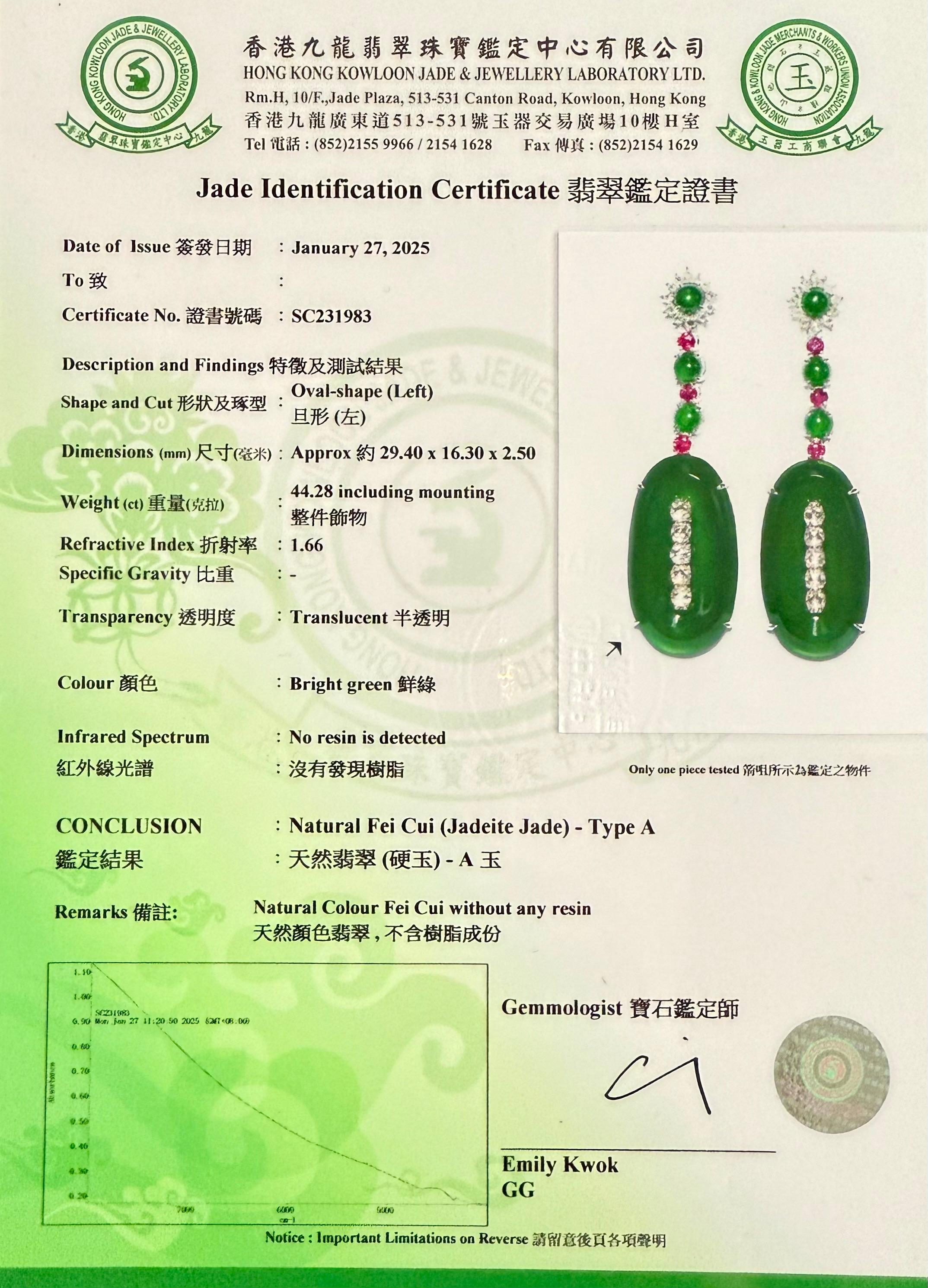 Important Certified Jade, Ruby & Diamond Earrings, Best Imperial Green. XXL For Sale 15