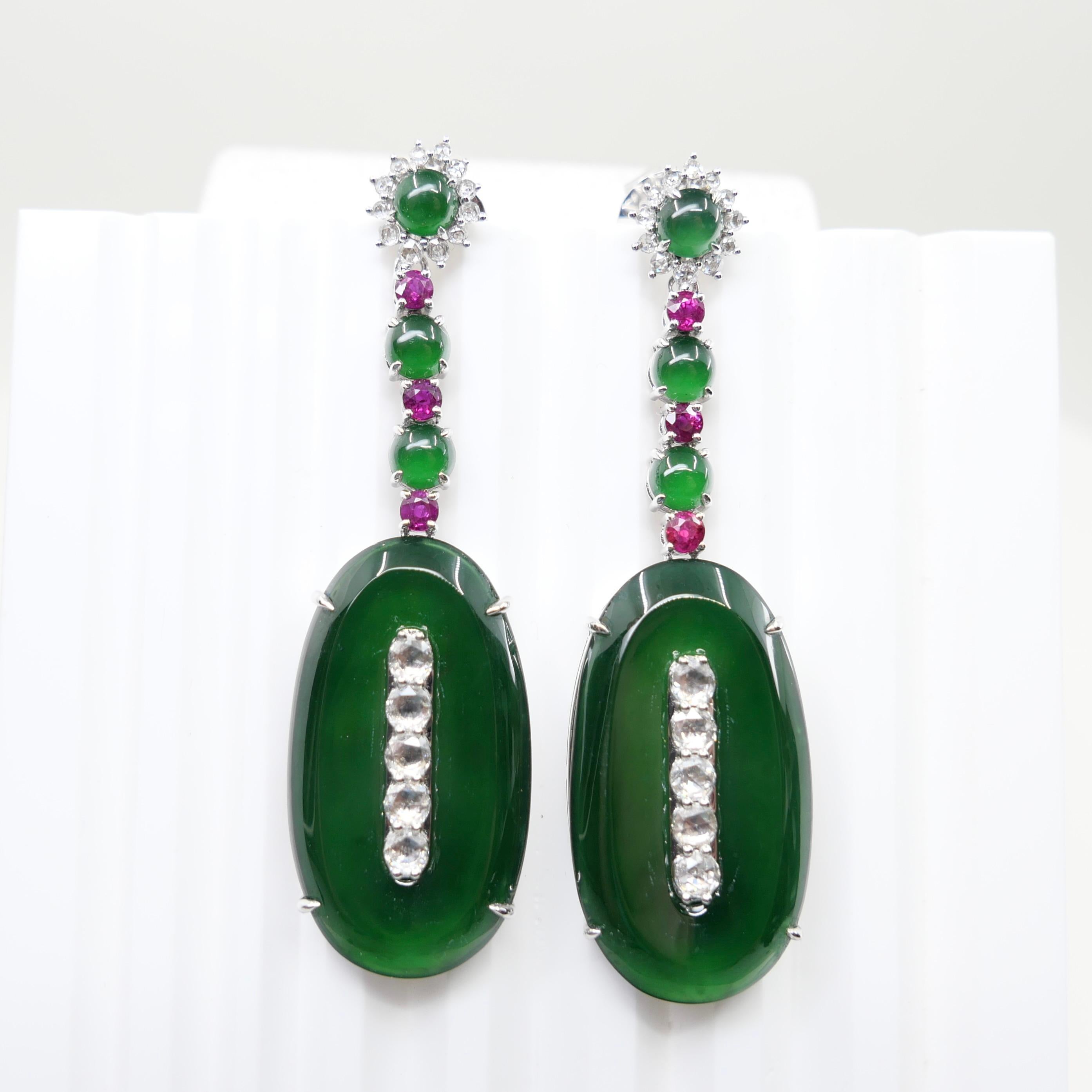 Important Certified Jade, Ruby & Diamond Earrings, Best Imperial Green. XXL For Sale 3