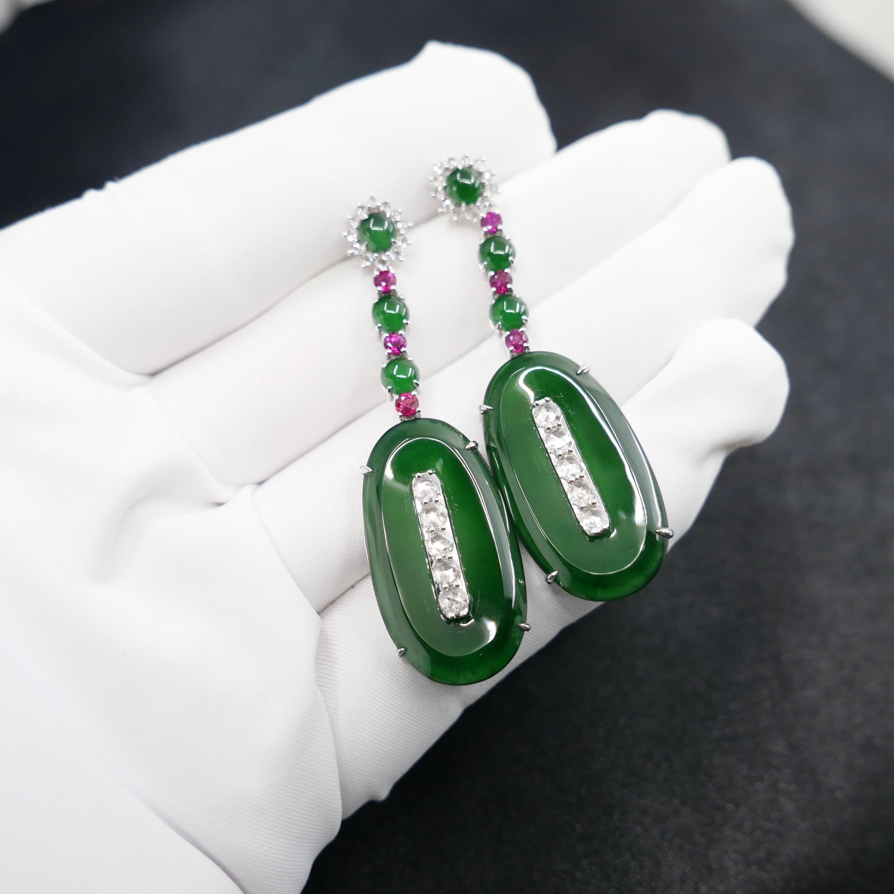 Women's Important Certified Jade, Ruby & Diamond Earrings, Best Imperial Green. XXL For Sale