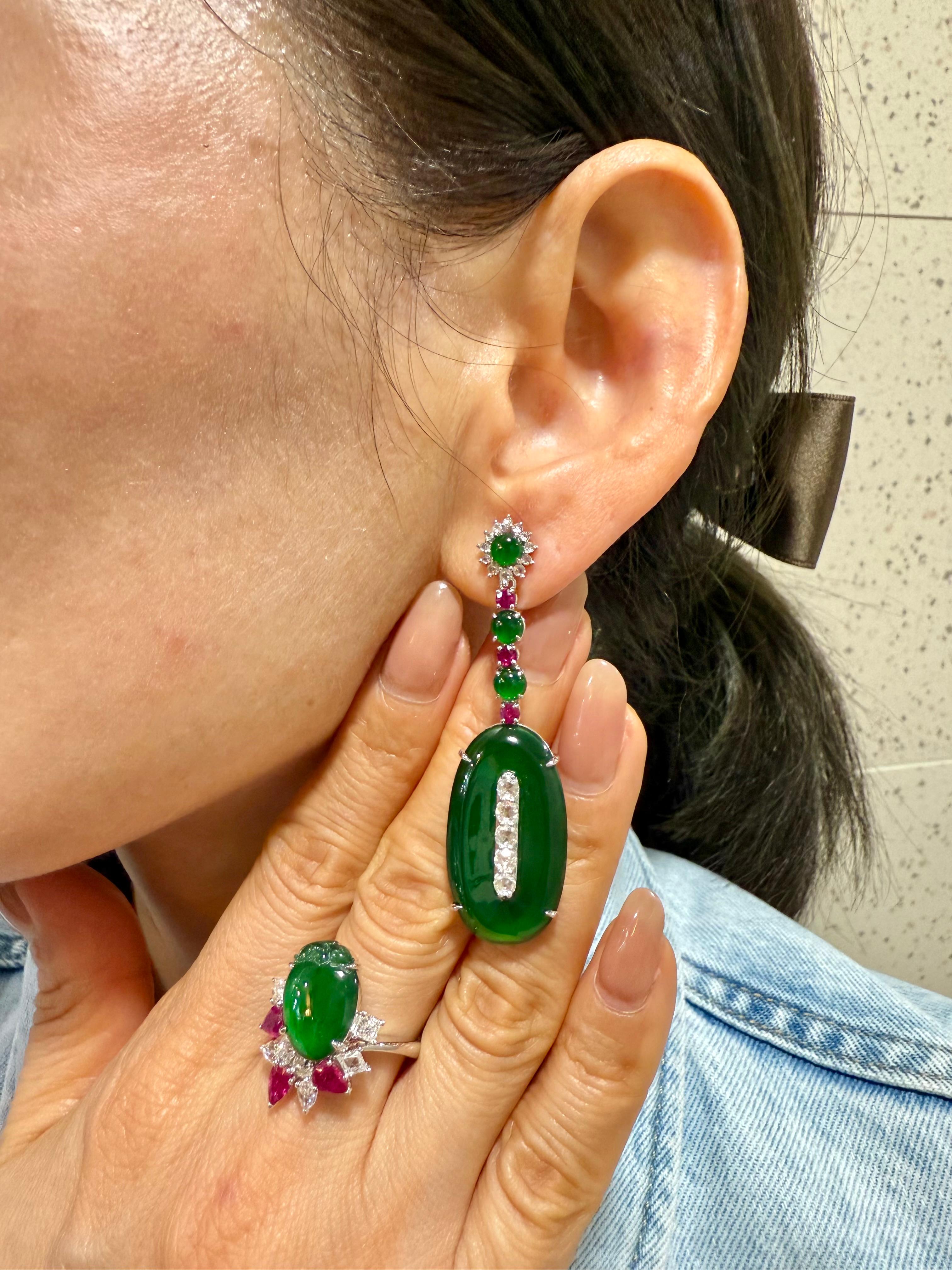 Important Certified Jade, Ruby & Diamond Earrings, Best Imperial Green. XXL For Sale 2