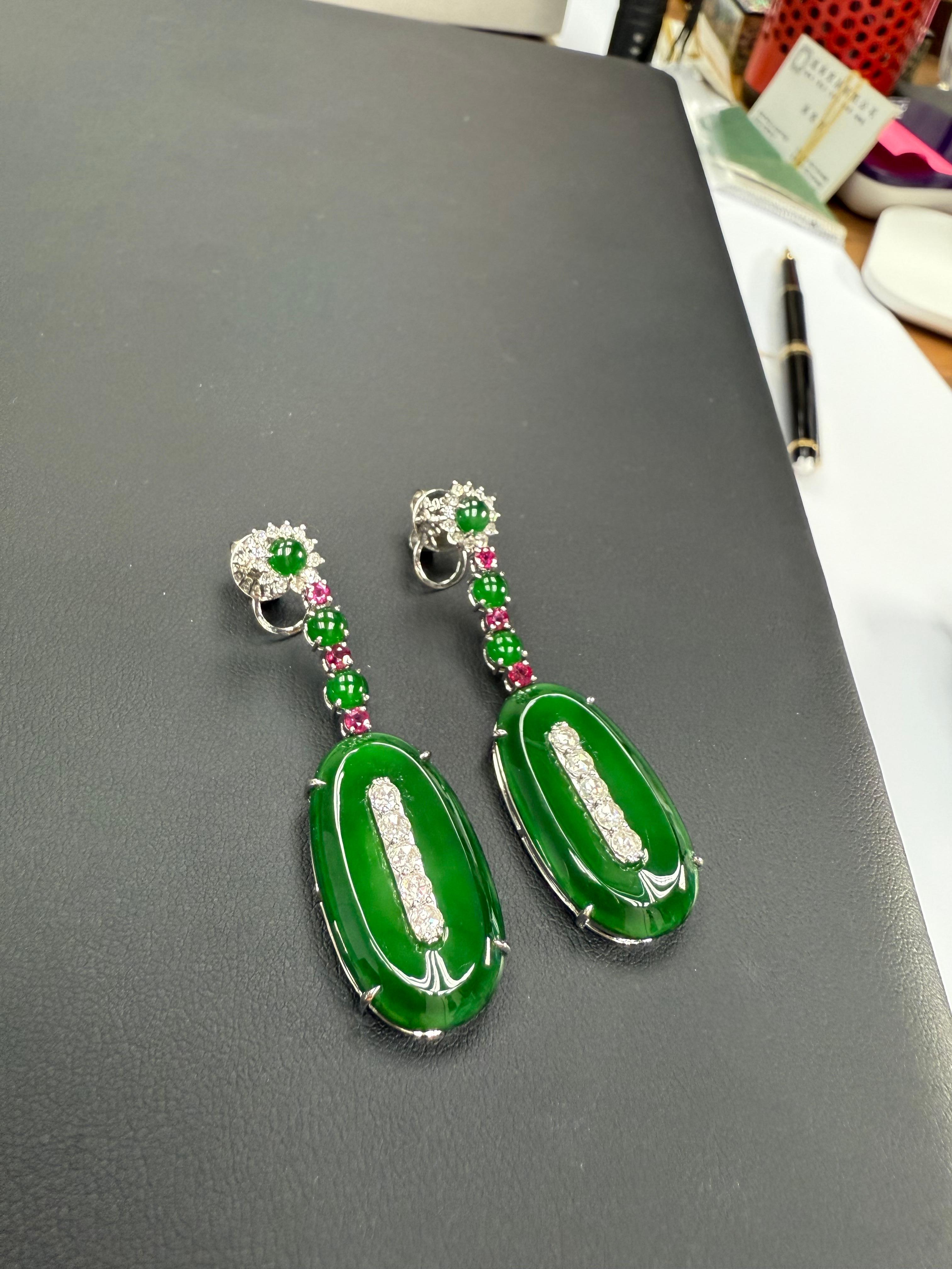 Important Certified Jade, Ruby & Diamond Earrings, Best Imperial Green. XXL For Sale 4