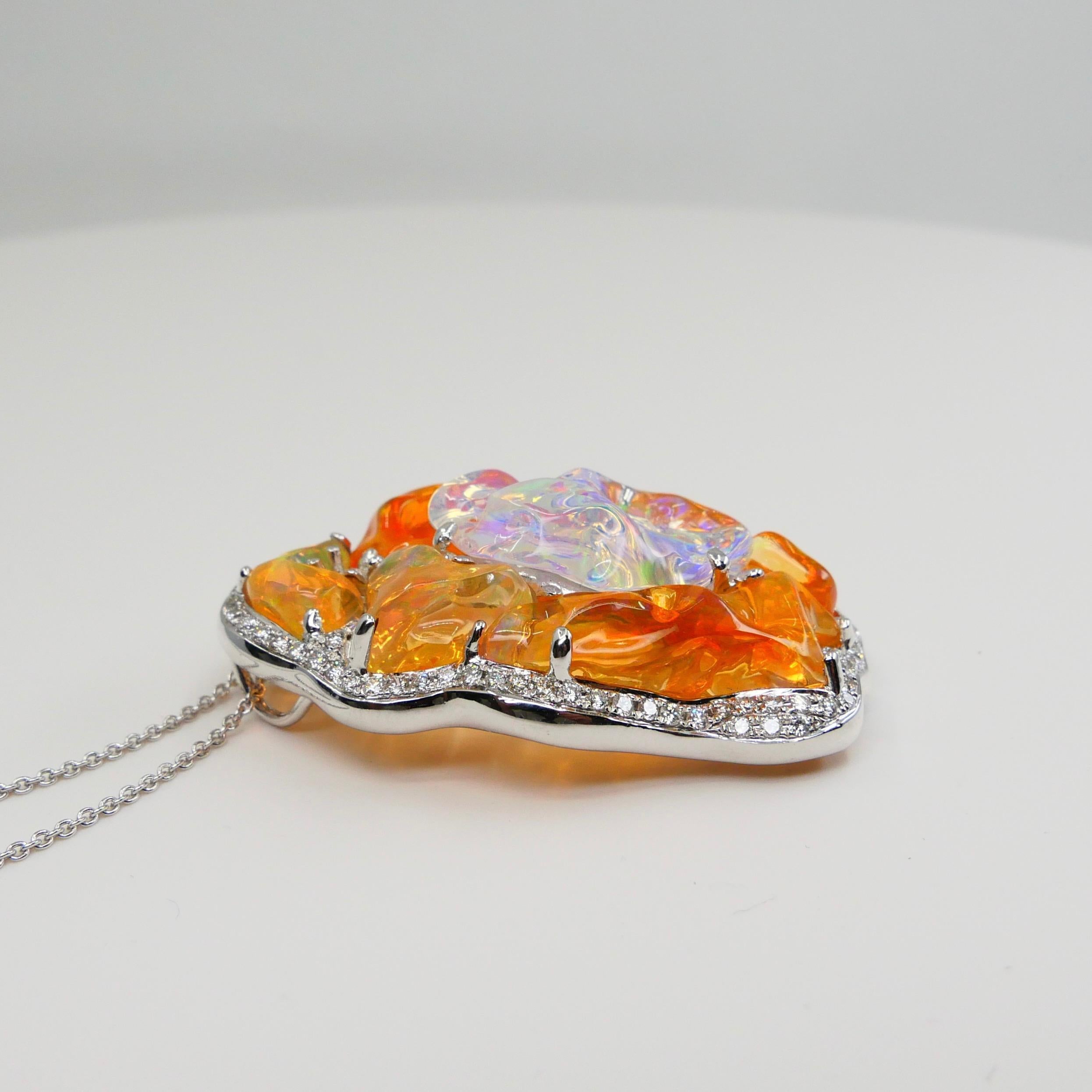 Important Certified Mexican Fire Opal & Diamond Pendant, Excellent Play of Color For Sale 5