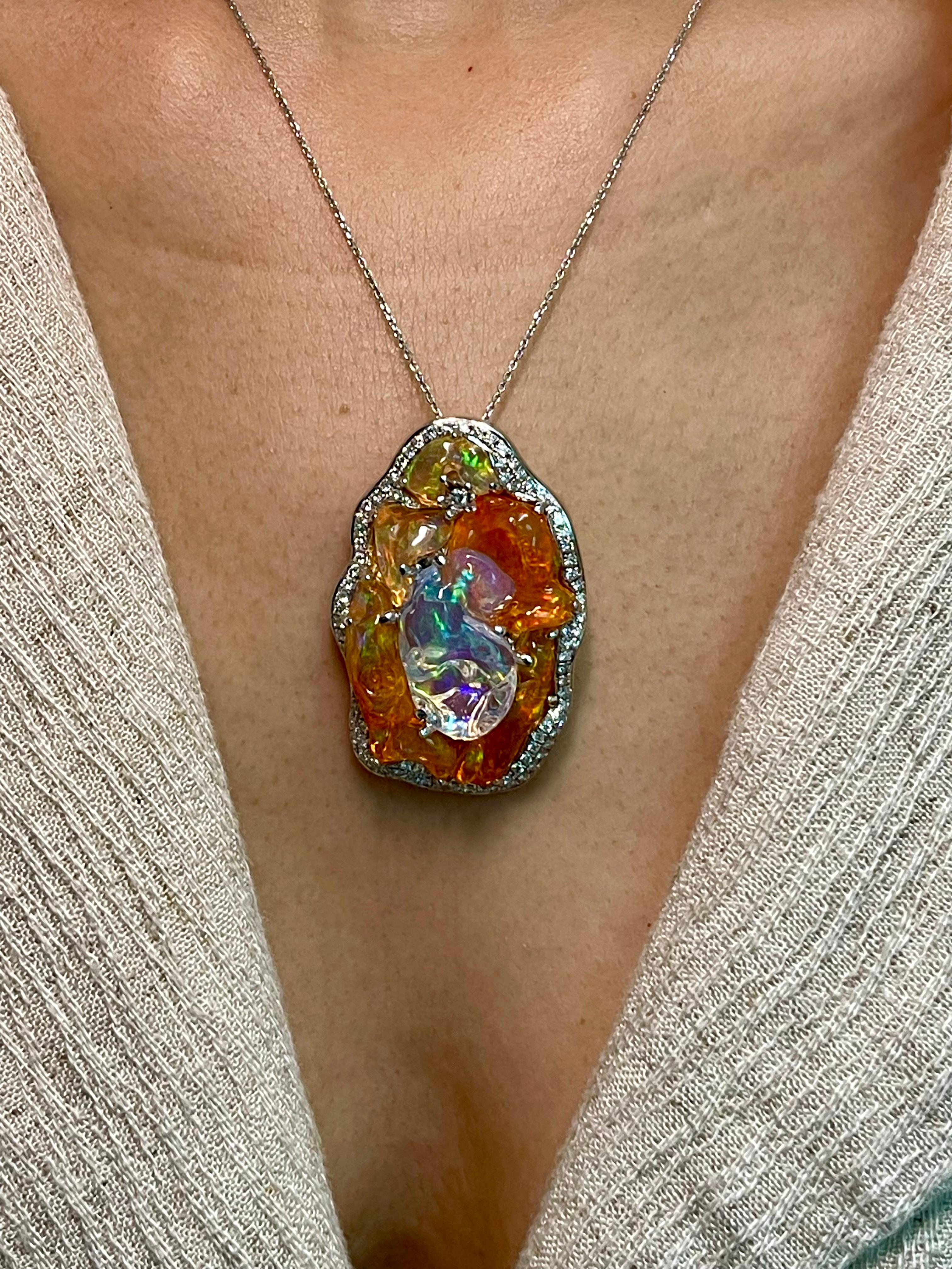 Important Certified Mexican Fire Opal & Diamond Pendant, Excellent Play of Color For Sale 6