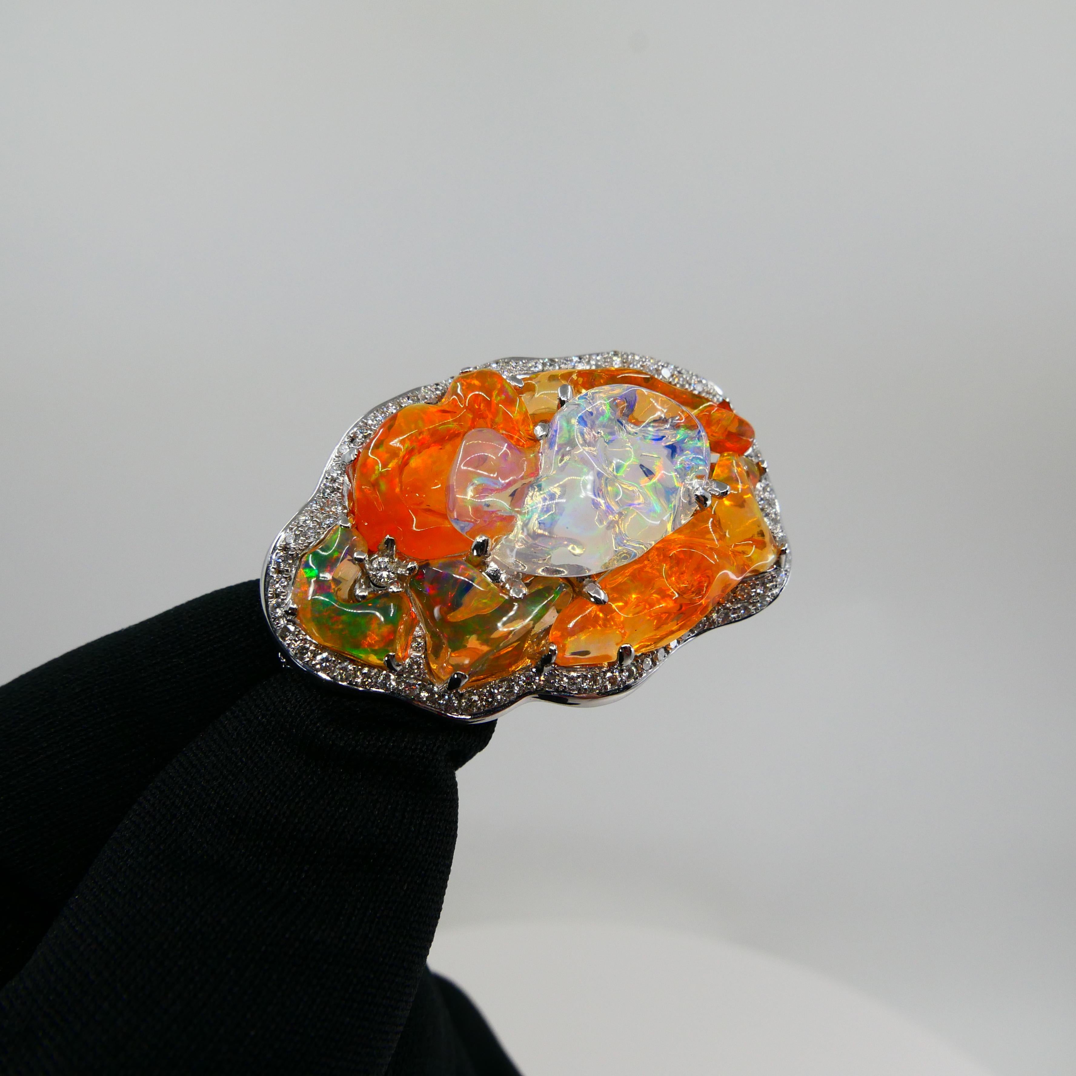 Important Certified Mexican Fire Opal & Diamond Pendant, Excellent Play of Color For Sale 7