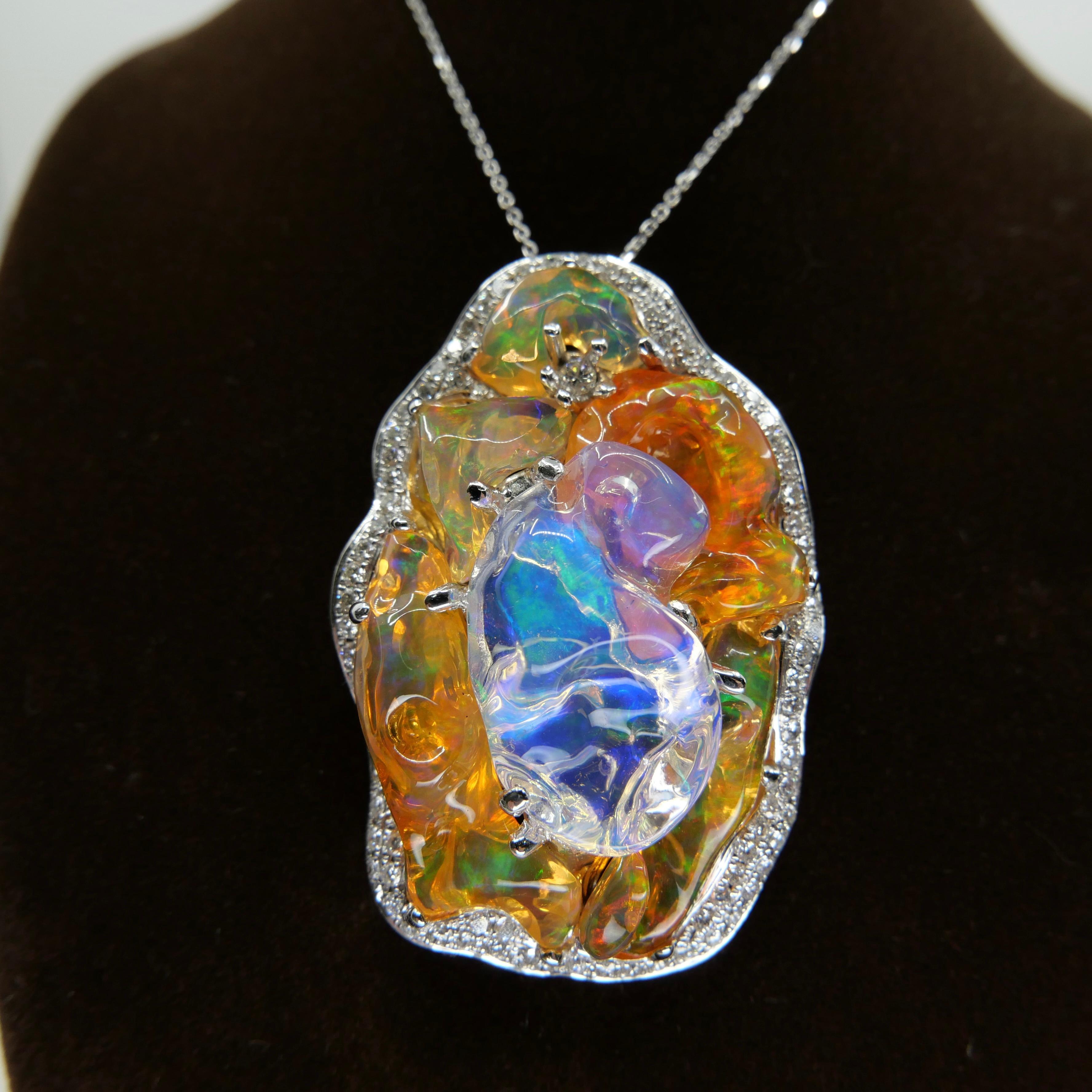 Important Certified Mexican Fire Opal & Diamond Pendant, Excellent Play of Color For Sale 4