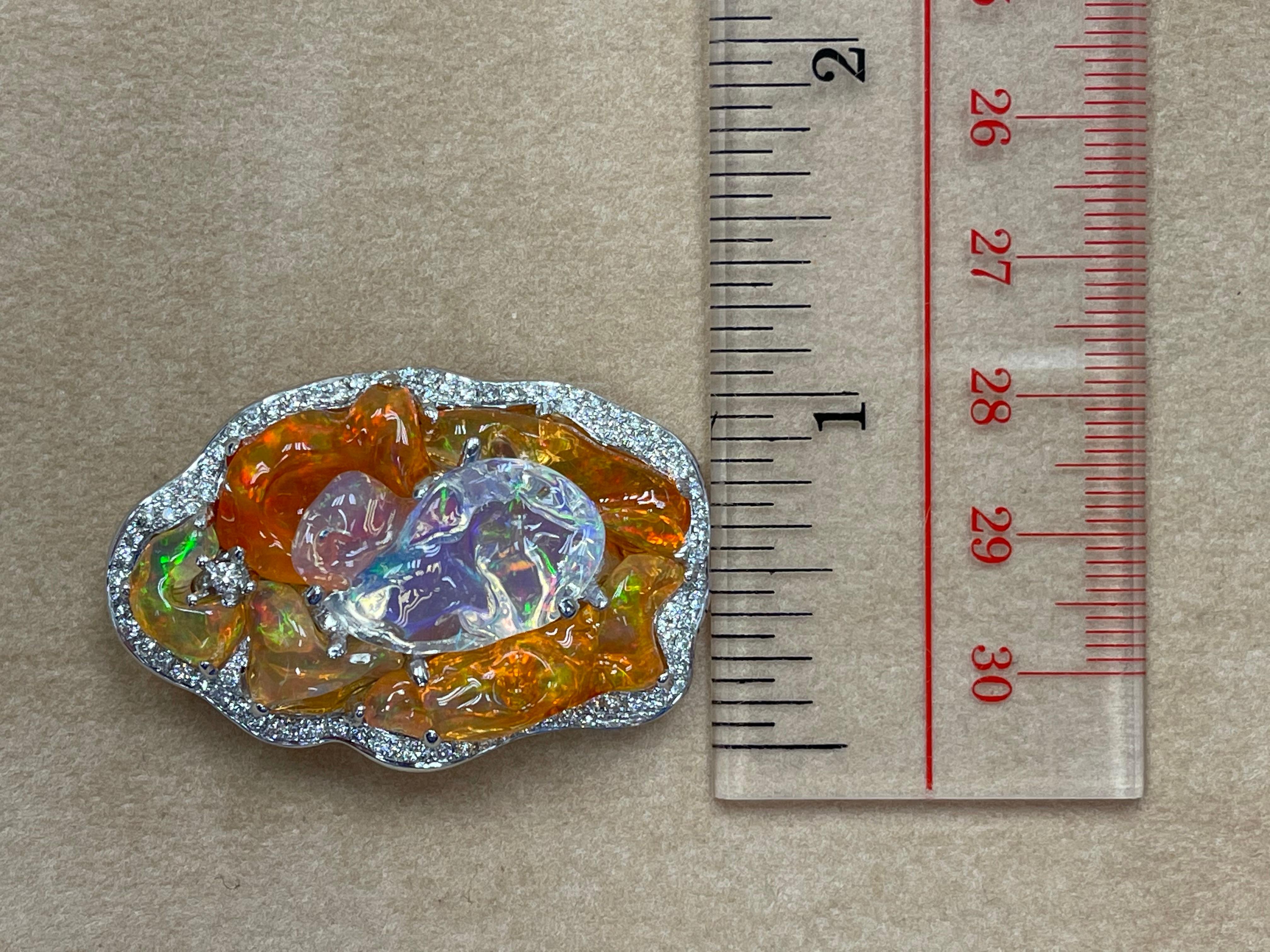 Important Certified Mexican Fire Opal & Diamond Pendant, Excellent Play of Color For Sale 8