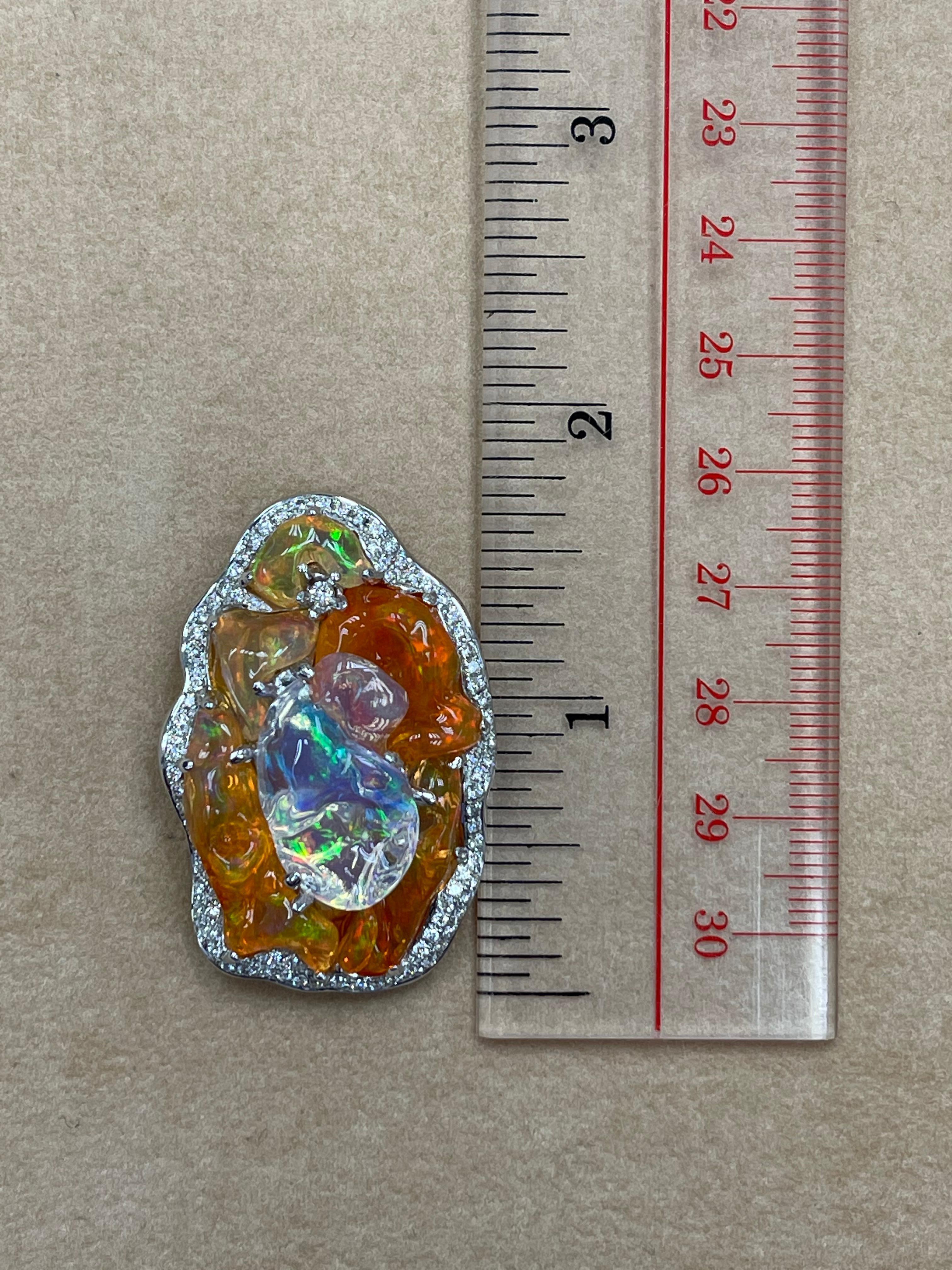 Important Certified Mexican Fire Opal & Diamond Pendant, Excellent Play of Color For Sale 9
