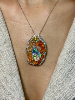 Important Certified Mexican Fire Opal & Diamond Pendant, Excellent Play of Color