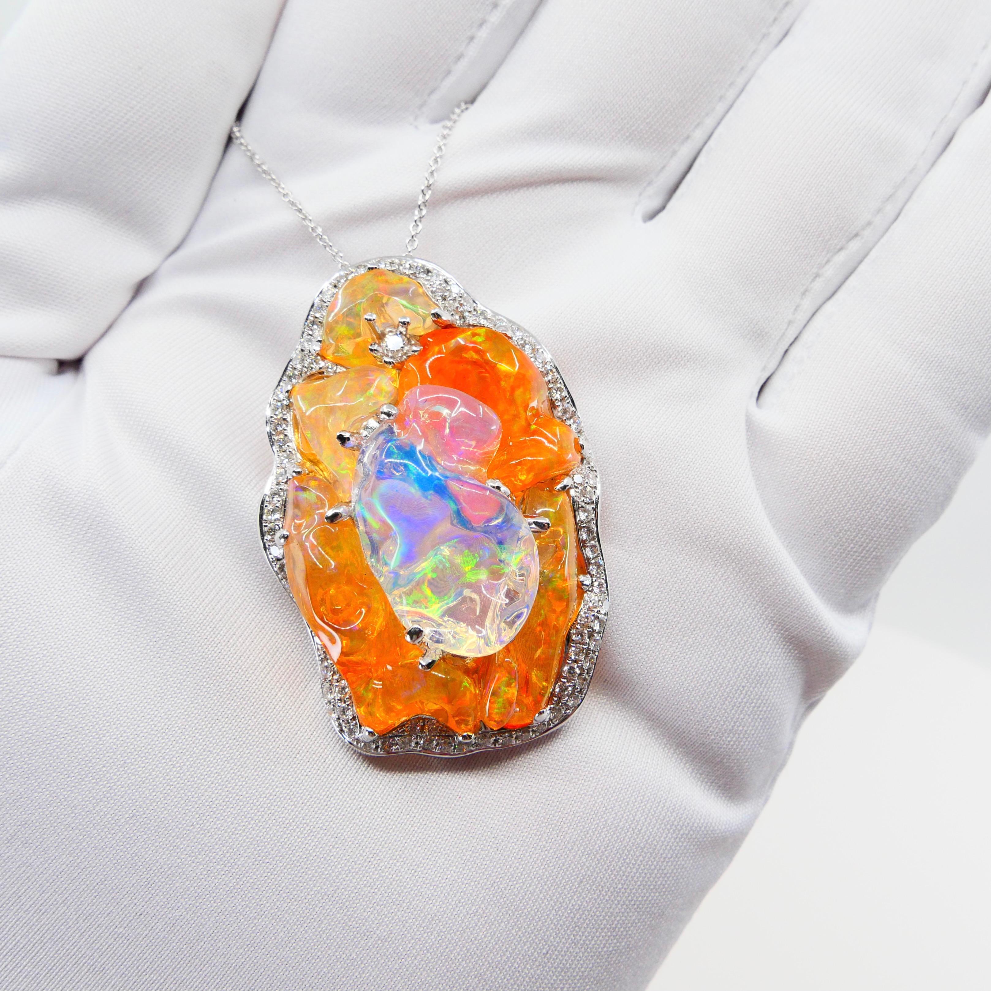 Rough Cut Important Certified Mexican Fire Opal & Diamond Pendant, Excellent Play of Color For Sale