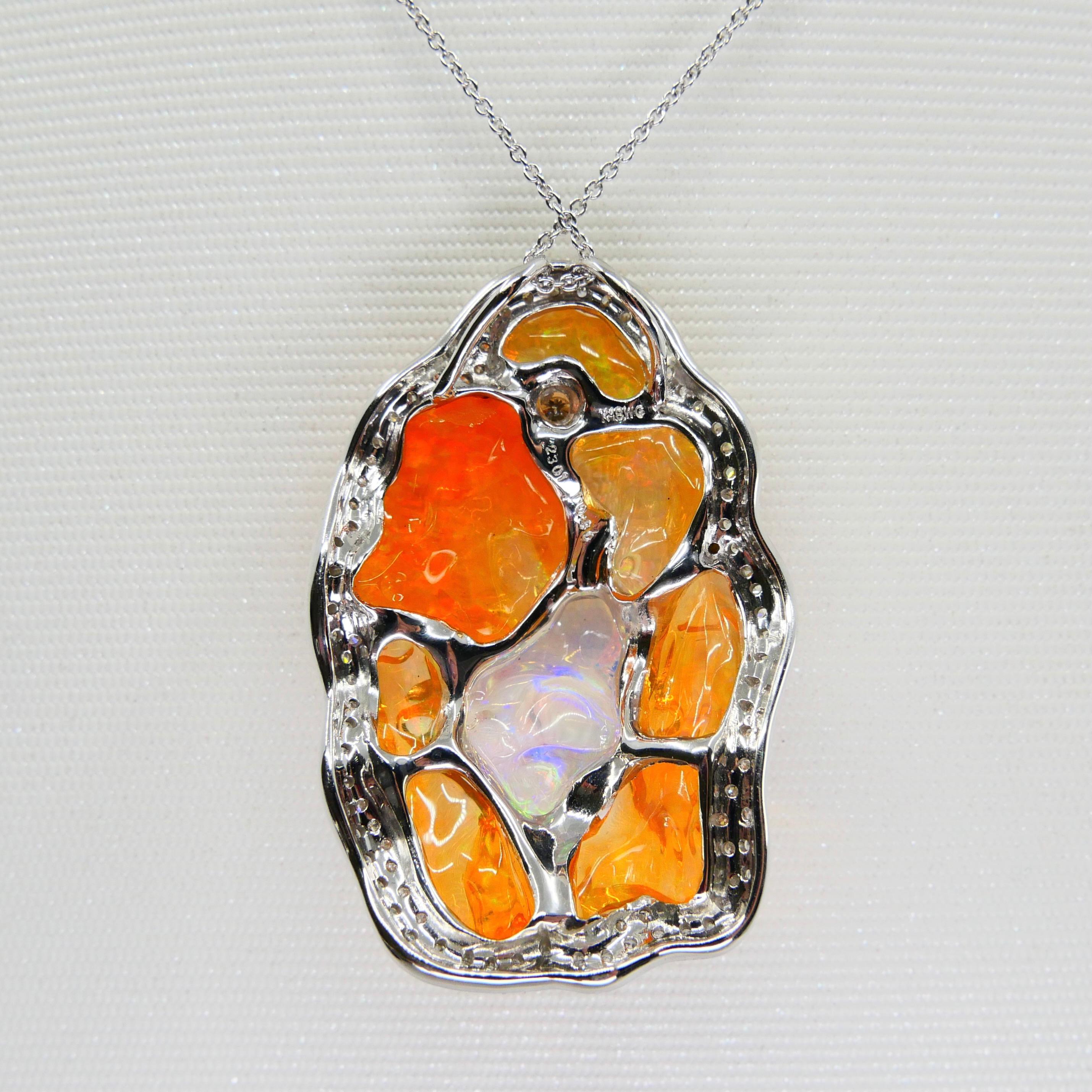 Important Certified Mexican Fire Opal & Diamond Pendant, Excellent Play of Color In New Condition For Sale In Hong Kong, HK