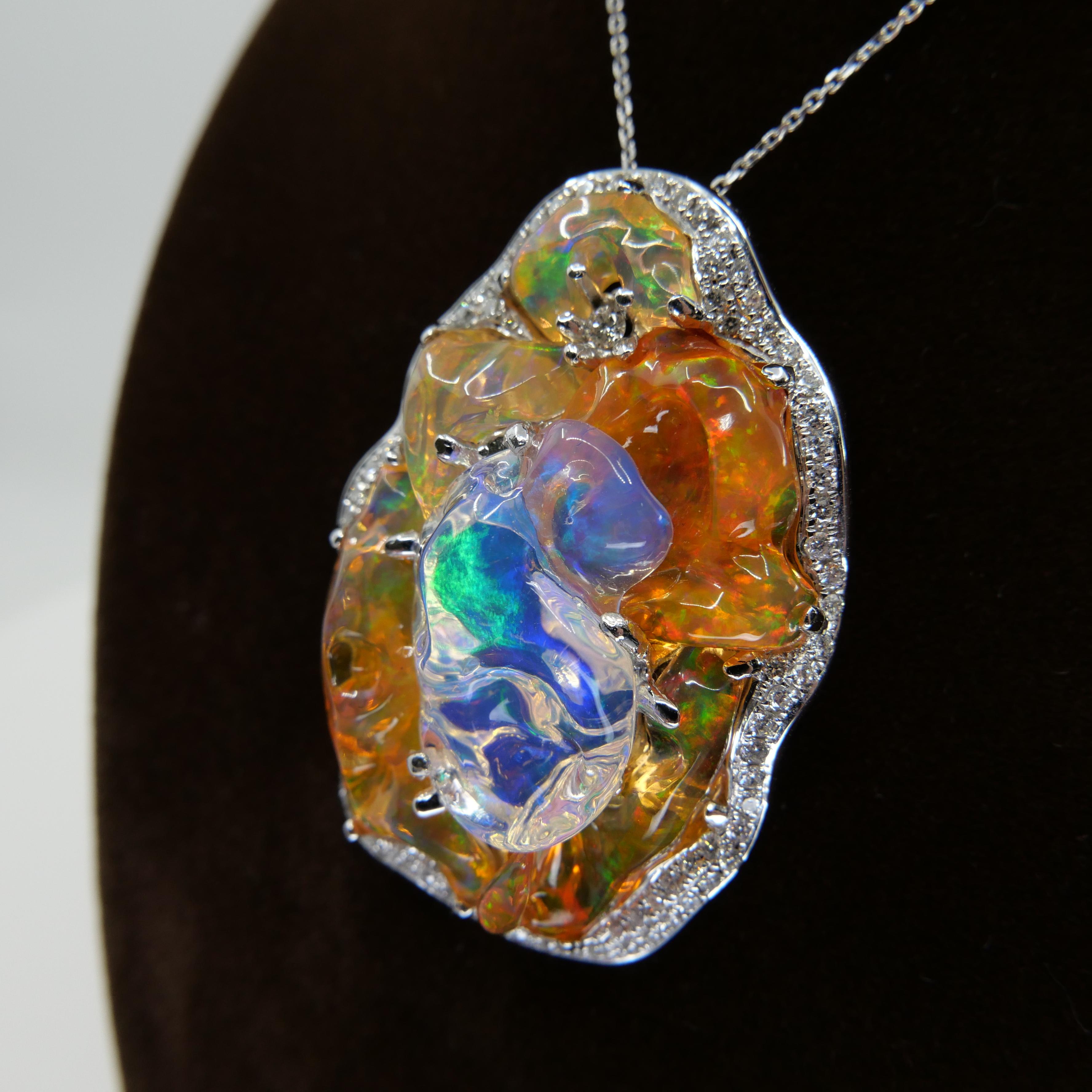 Important Certified Mexican Fire Opal and Diamond Pendant, Excellent ...