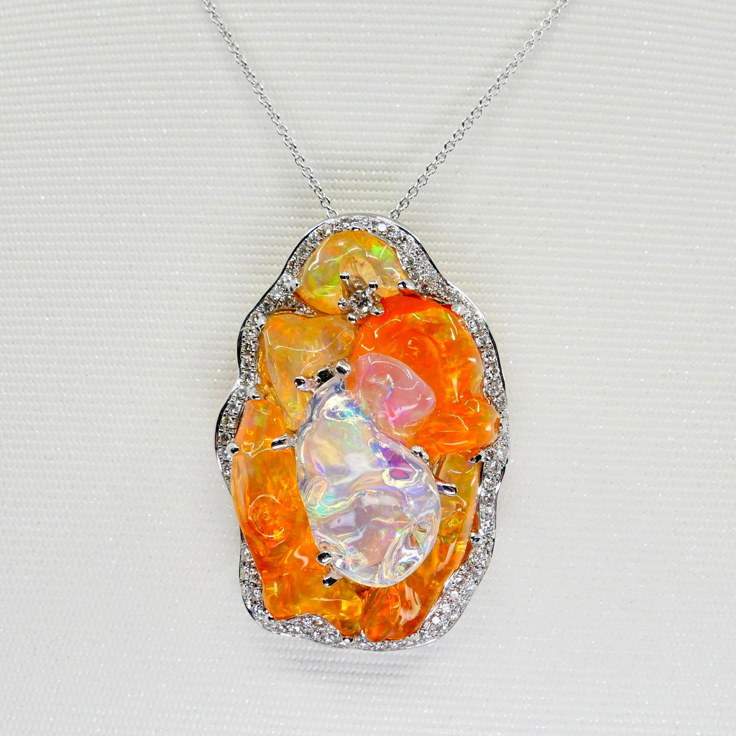 Important Certified Mexican Fire Opal & Diamond Pendant, Excellent Play of Color For Sale 1