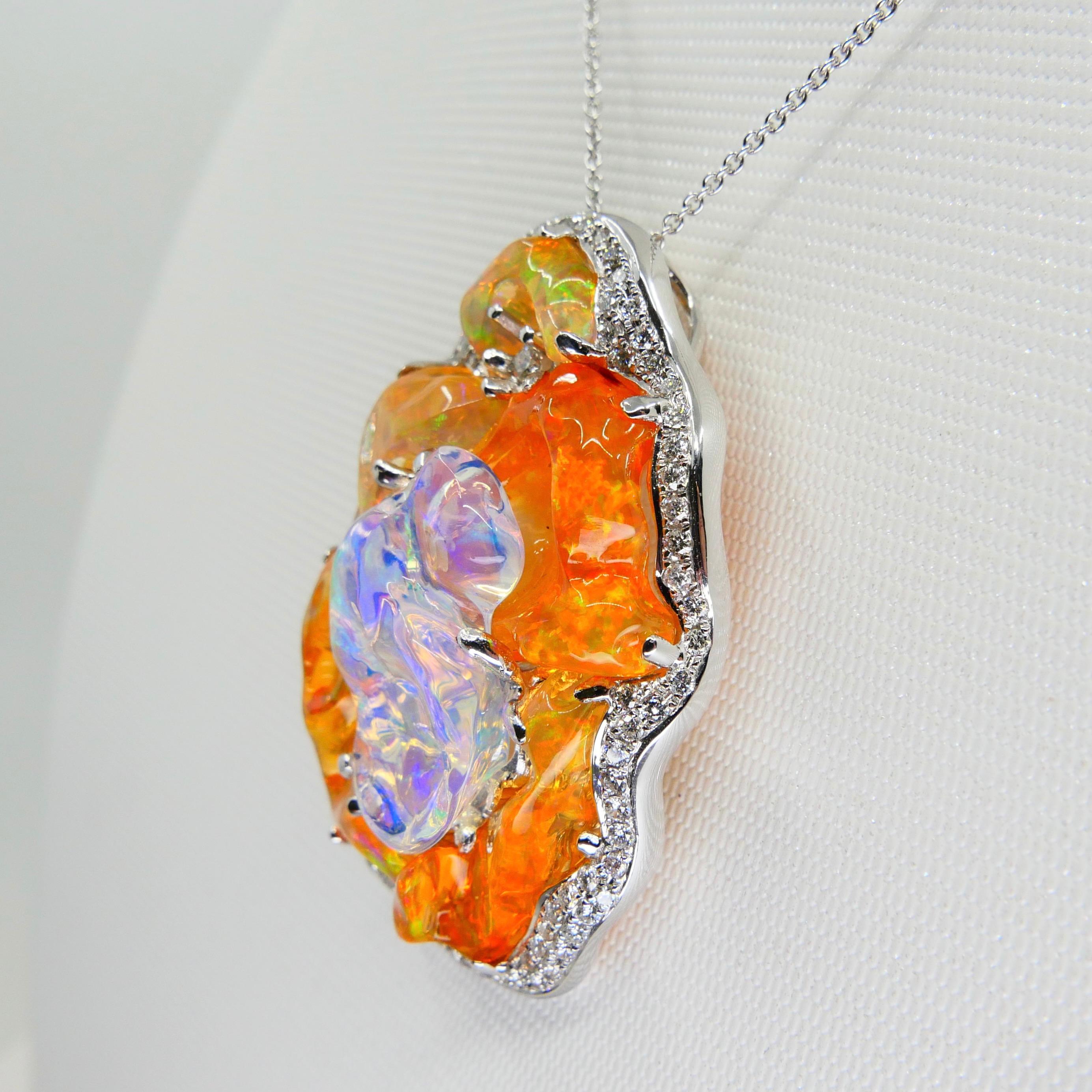 Important Certified Mexican Fire Opal & Diamond Pendant, Excellent Play of Color For Sale 2