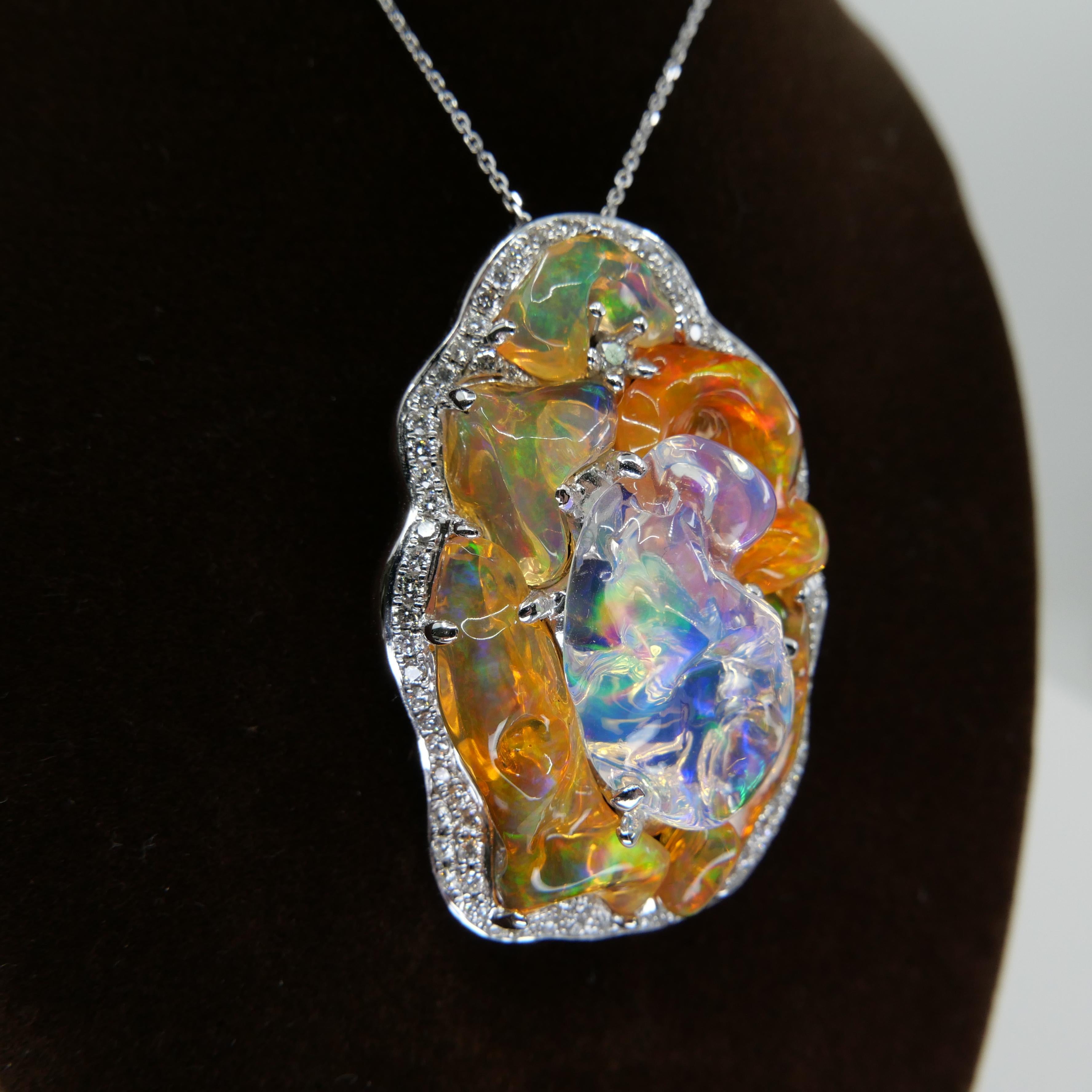 Women's Important Certified Mexican Fire Opal & Diamond Pendant, Excellent Play of Color For Sale
