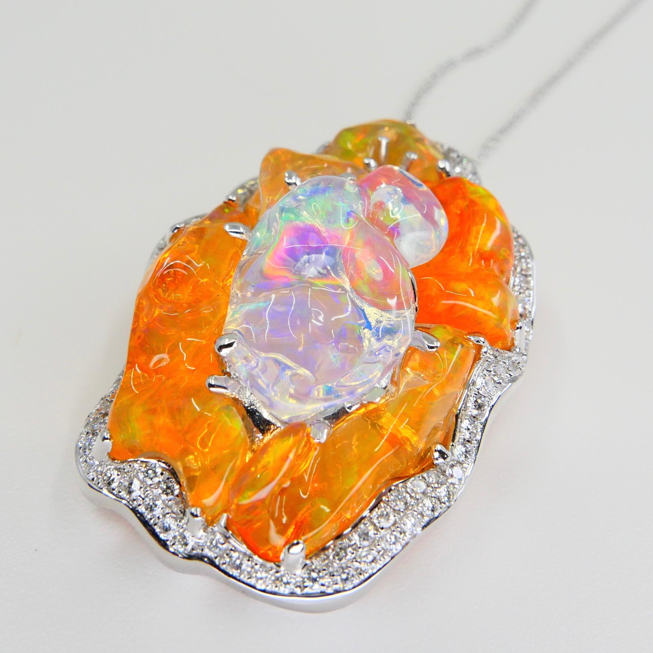 Important Certified Mexican Fire Opal & Diamond Pendant, Excellent Play of Color For Sale 3
