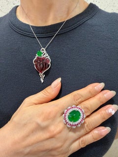 Important Certified Natural Imperial Green Jade, Ruby & Diamond Ring. XXL