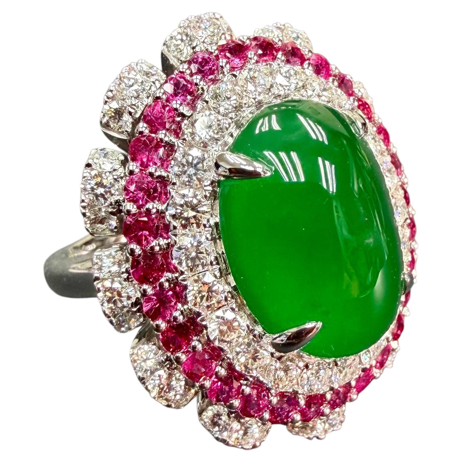 Important Certified Natural Imperial Green Jade, Ruby & Diamond Ring. XXL