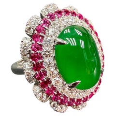 Important Certified Natural Imperial Green Jade, Ruby & Diamond Ring. XXL