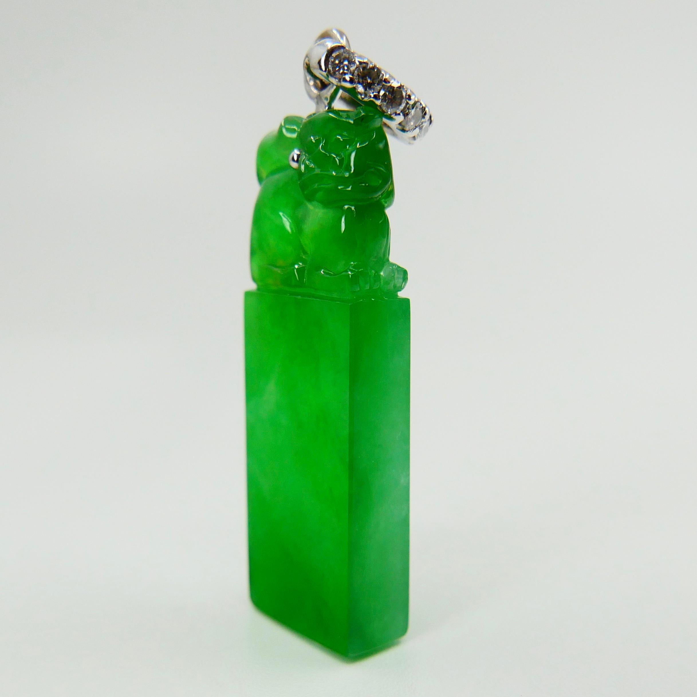 Important Certified Natural Jade Diamond Drop Pendant, Imperial Green Color For Sale 1