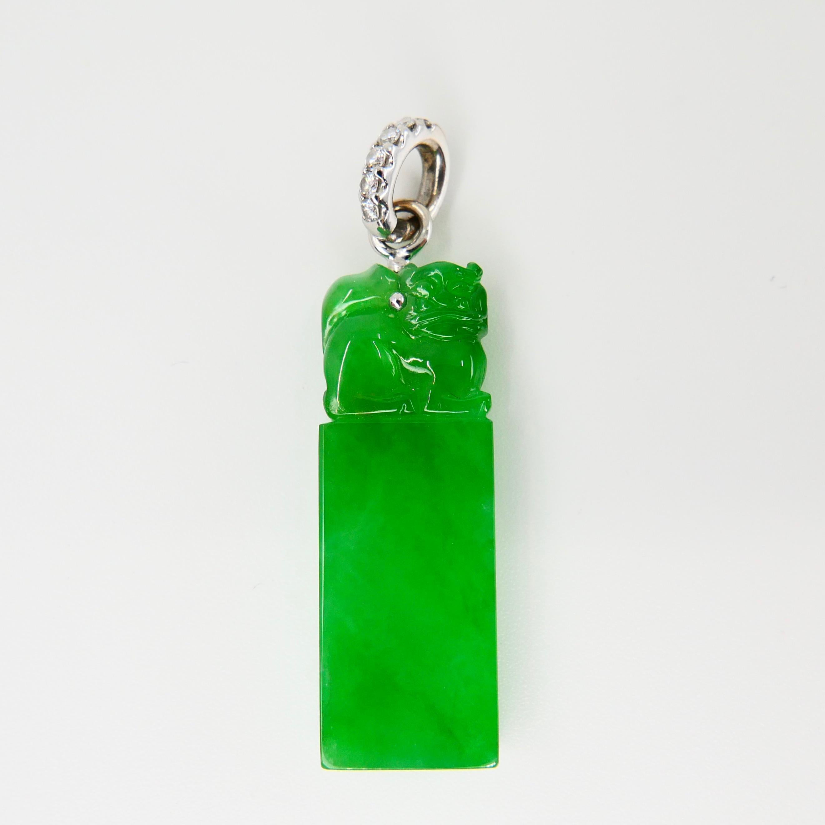 Important Certified Natural Jade Diamond Drop Pendant, Imperial Green Color For Sale 2
