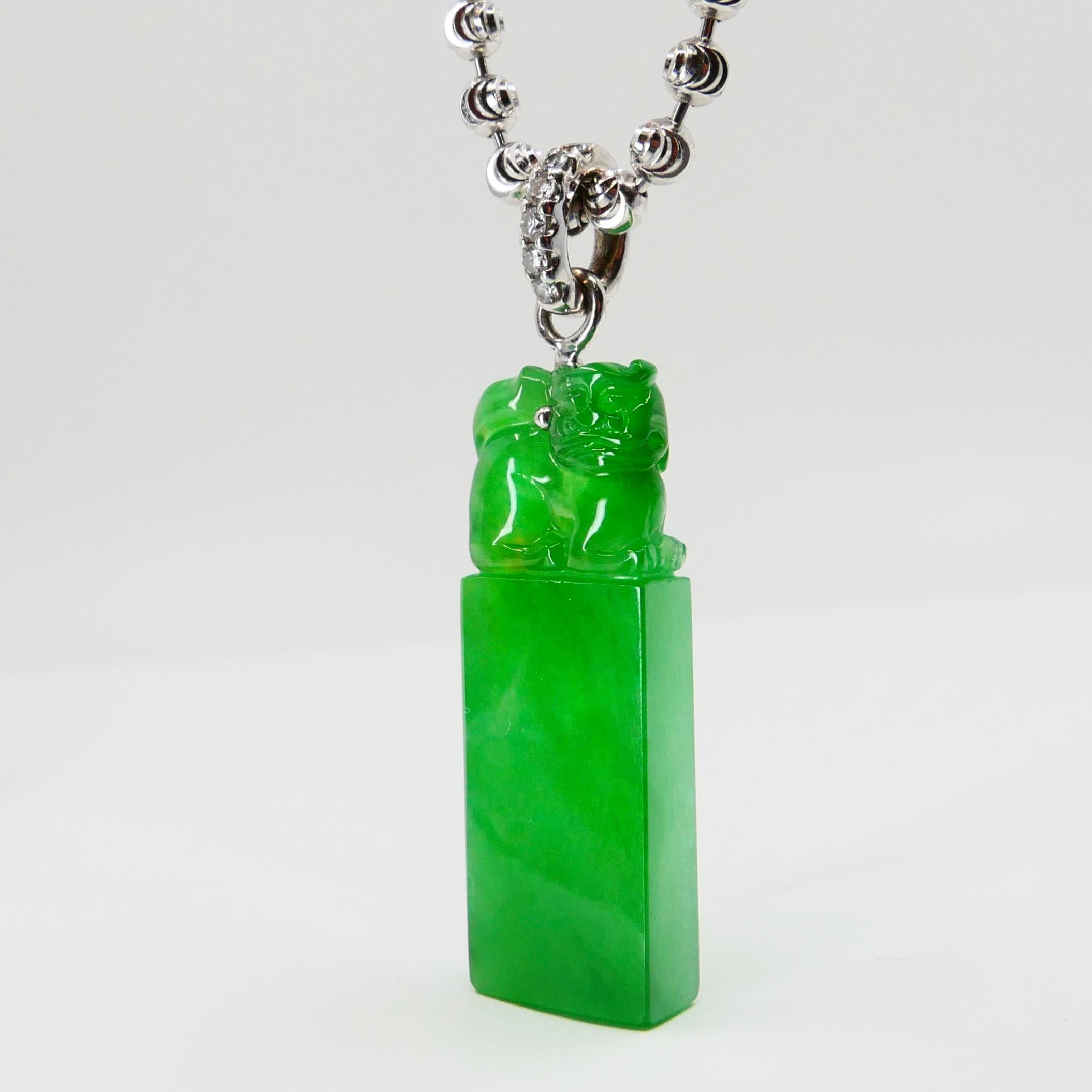 Important Certified Natural Jade Diamond Drop Pendant, Imperial Green Color For Sale 5