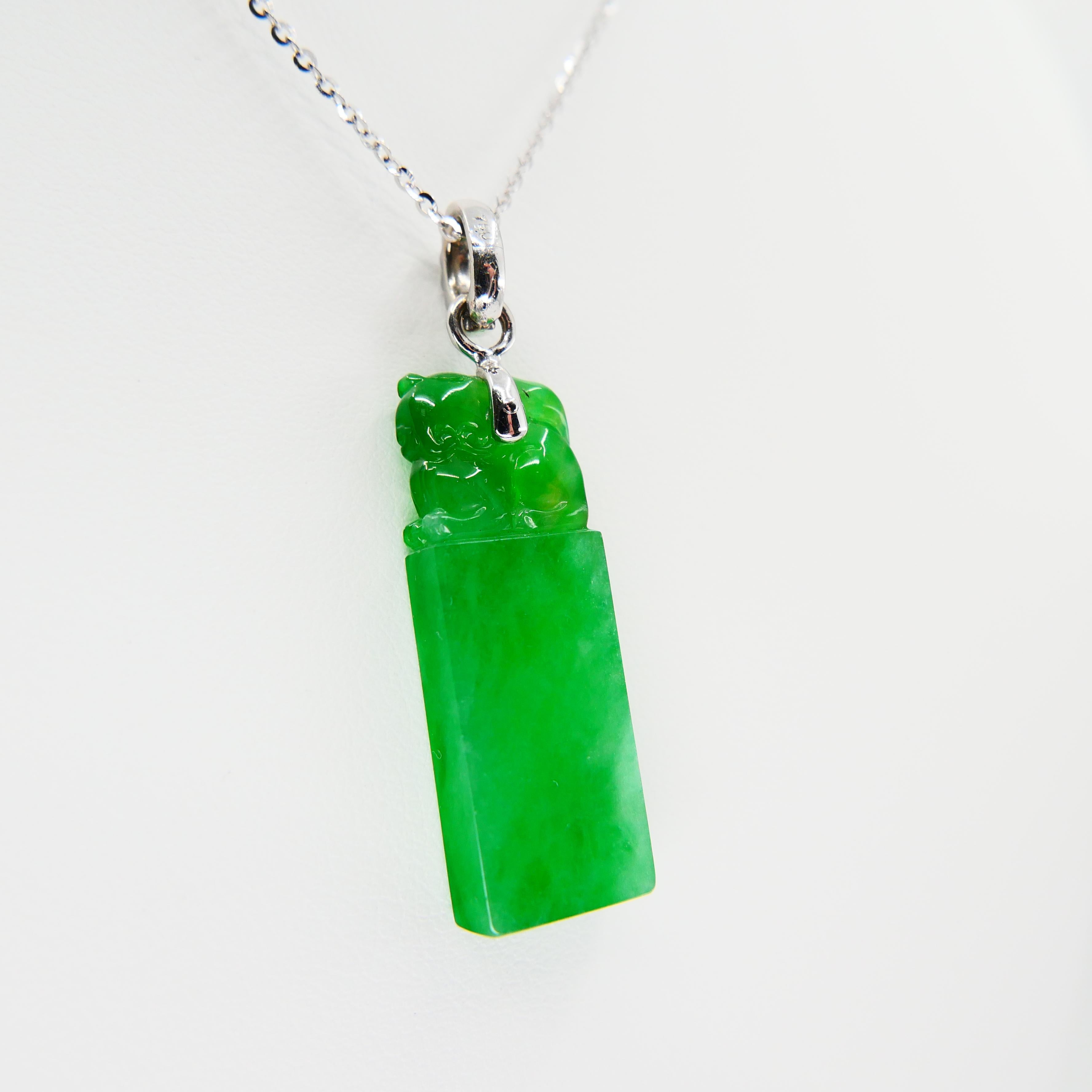 Important Certified Natural Jade Diamond Drop Pendant, Imperial Green Color For Sale 8