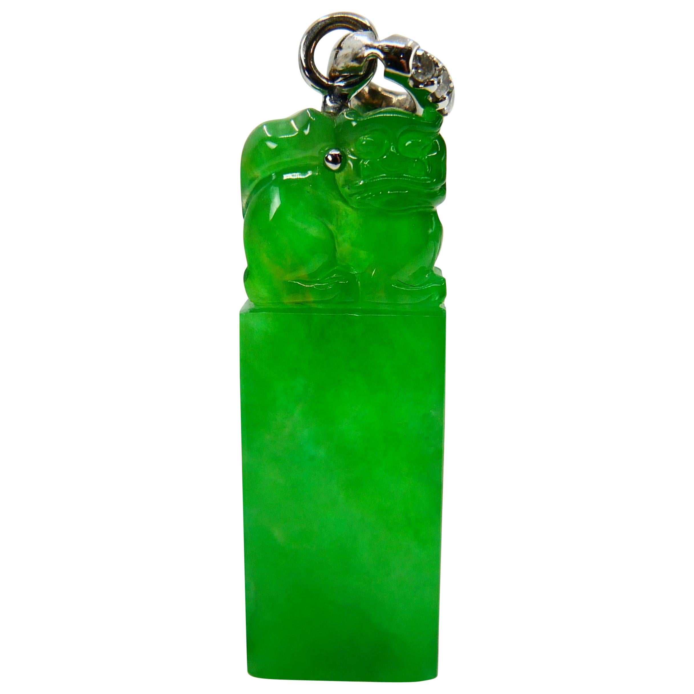 Rough Cut Important Certified Natural Jade Diamond Drop Pendant, Imperial Green Color For Sale